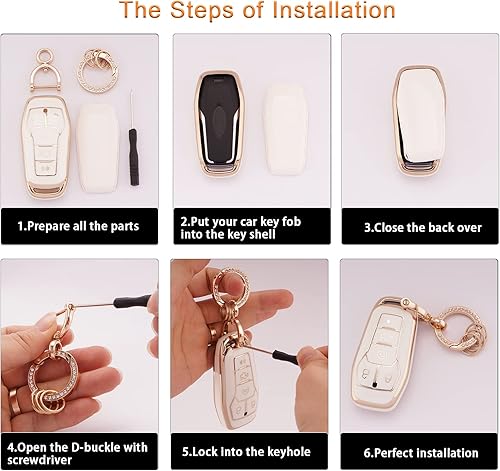 Miniatura 3 de EKALA para Ford Llavero Bling Dorado Blanco Funda para Llavero de TPU Suave de Protección Completa Funda para Llavero Inteligente Compatible con