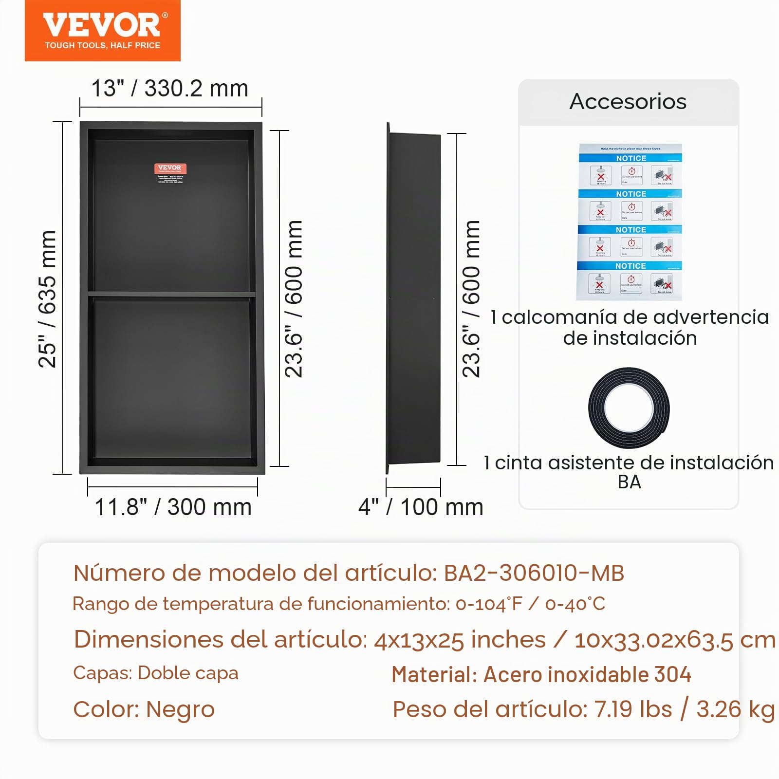 VEVOR Nicho Empotrable para Baño 33,02x63,5 cm Nicho de Ducha Montado en Pared Estante Doble Acero Inoxidable 304 Sellado Impermeable Fácil de Limpiar para Ducha Almacenamiento de Jabón Baño, Negro