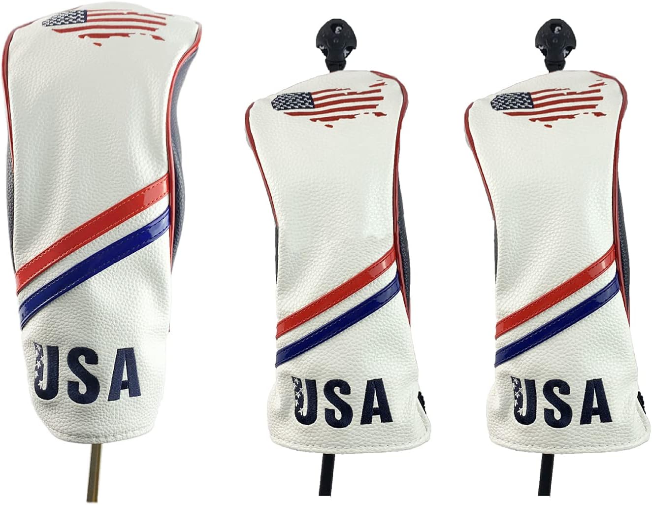 USA Flag Golf Head Covers for Driver Fairway Woods PU Leather Headcovers Designed to Fit All Woods and Drivers