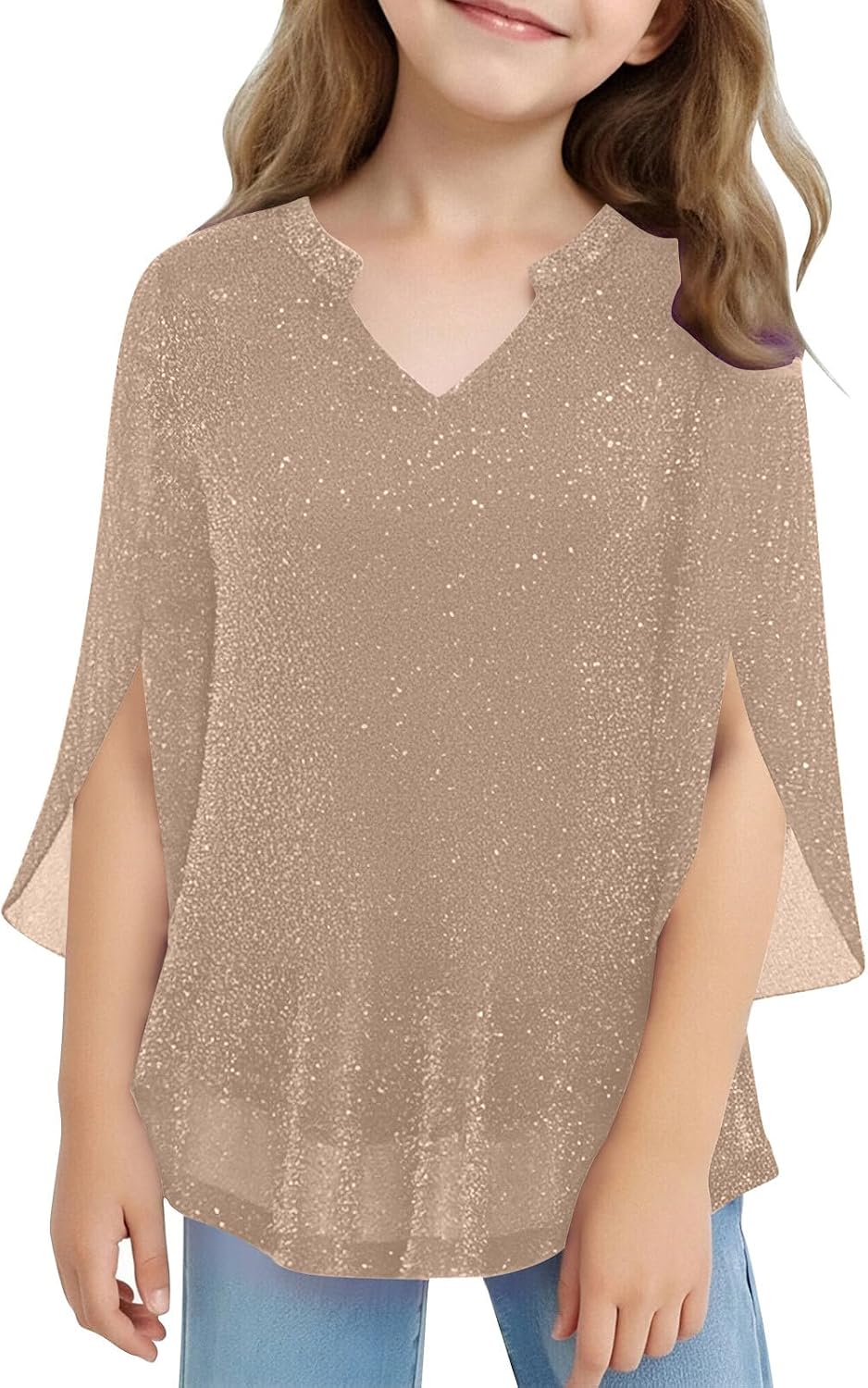 Girls Sparkly Mesh Tops 3/4 Length Slit Sleeve Kids Tops Party Club Prom Outfits Breathable V Neck Glitter Shirts
