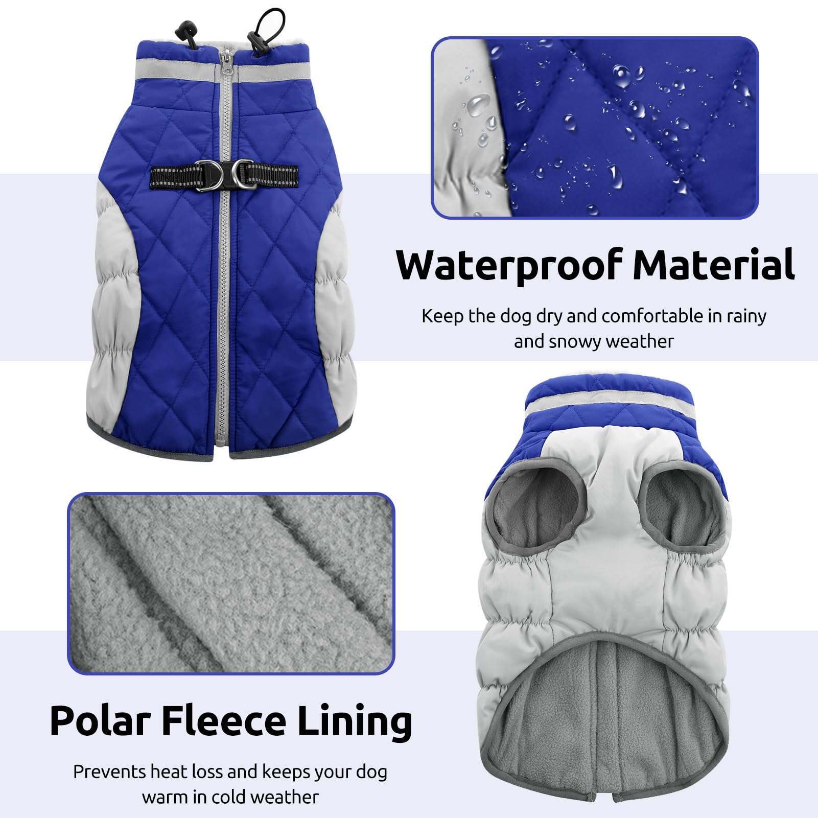 CITÉTOILE Cappotti per Cani Invernali in Pile con Imbracatura, Caldo Cappotti e Giubbotti per Cane Taglia Piccola/Media/Grande, Cappottino Impermeabile Cani, Gilet Cappotto Riflettente, Blu, L