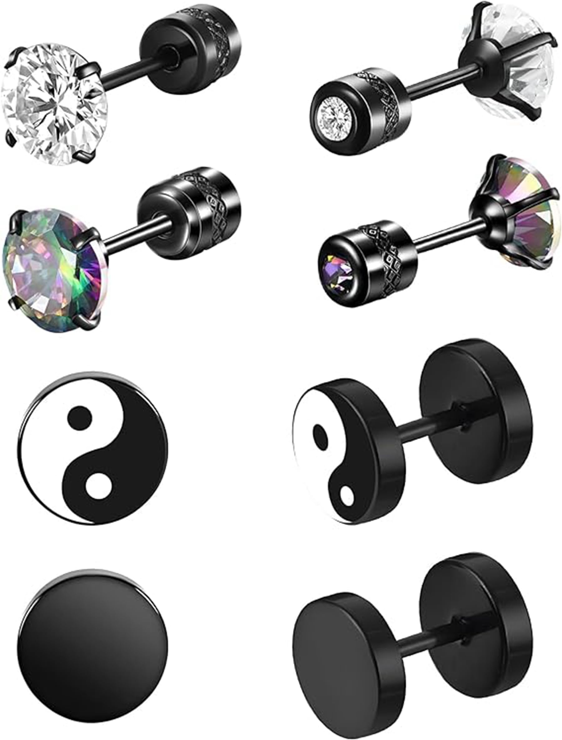 FuZhiBang Black Earrings for Men, 4 Pairs Surgical Steel Earrings, Magnetic Stud Earrings, Mens Black Earrings Set Studs Earrings Clip on Earrings Non Piercing for Men Women ER90