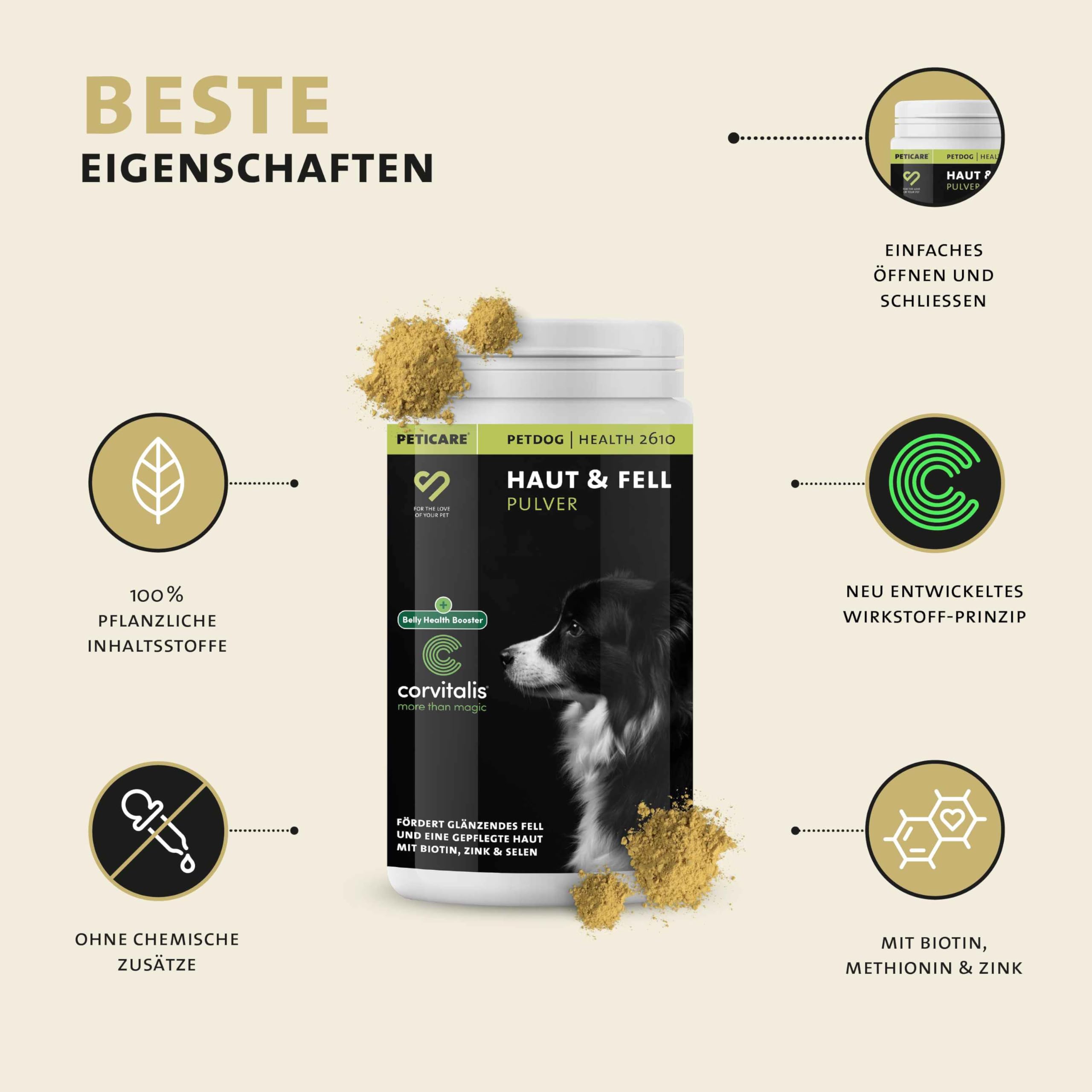 Peticare Haut & Fell Pulver für Hunde | Unterstützt Hautgesundheit & glänzendes Fell | Mit Bierhefe, Omega-3 & Biotin | Natürliches Ergänzungsfutter | petDog Health 2610