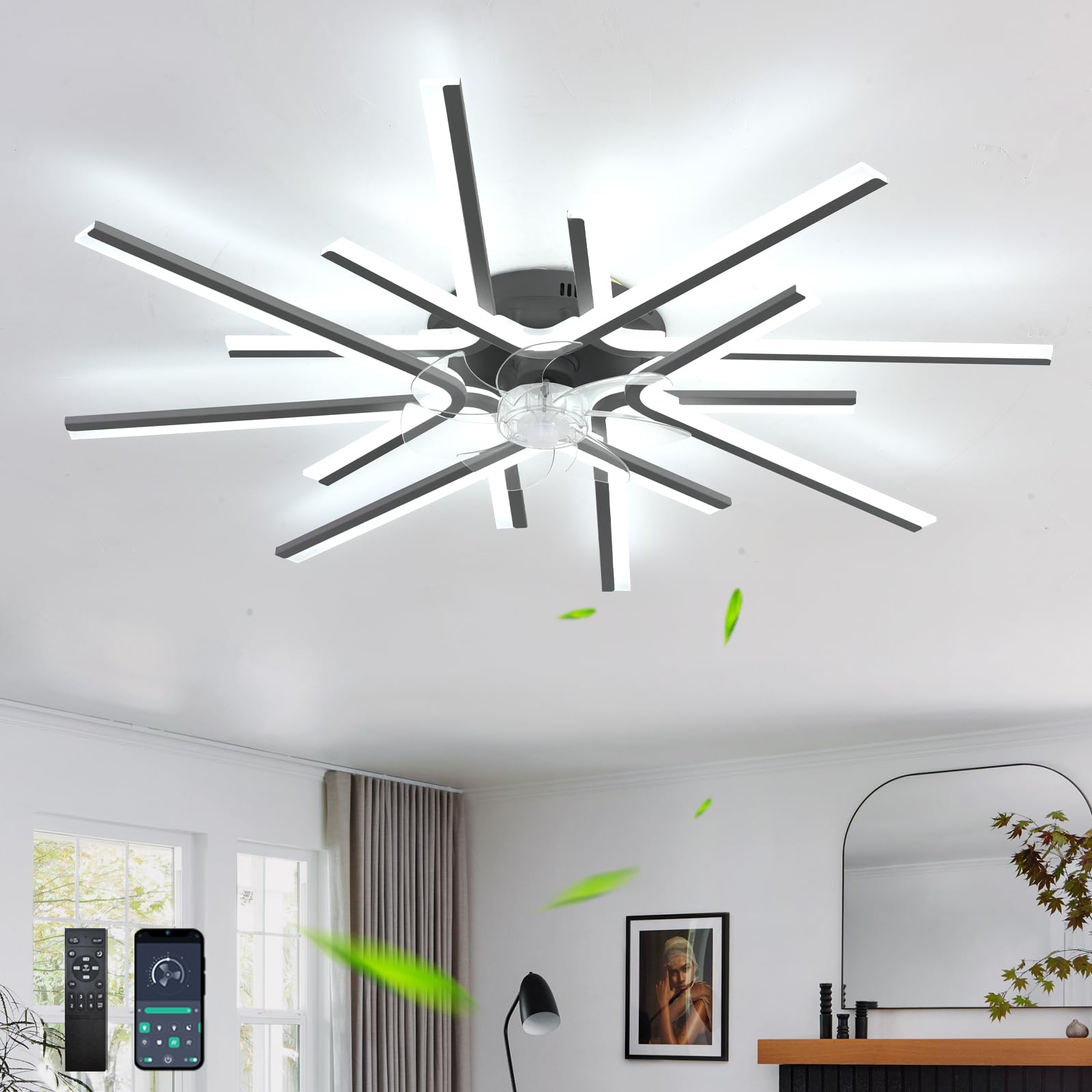 Moderne Lustre Ventilateur Avec Télécommande APP, DC 6 Vitesses Réversibles Ventilateur Plafond Avec Lumiere, LED Dimmable Lustre Ventilo Pour Chambres Et Salons-Black||8 Heads