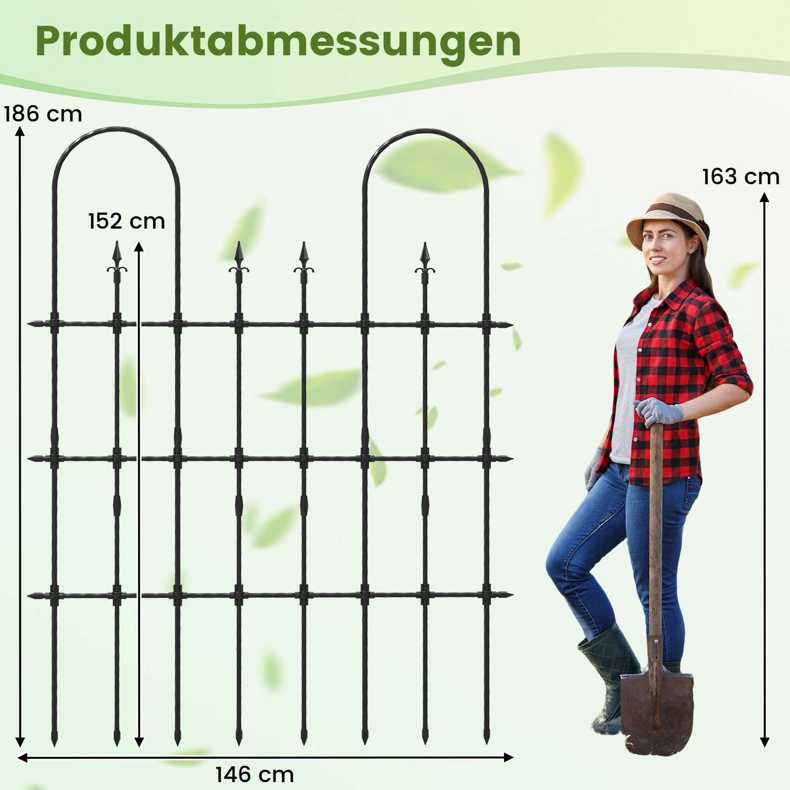 GOPLUS Rankgitter Metall, Gartenzaun mit Spitz-Heringen, U-förmiges Rosenspalier, Rankhilfe Spalier, Sichtschutz Garten, Gartenspalier Pflanzengitter für Kletterpflanzen, Blumen & Rosen, 146 x 186 cm