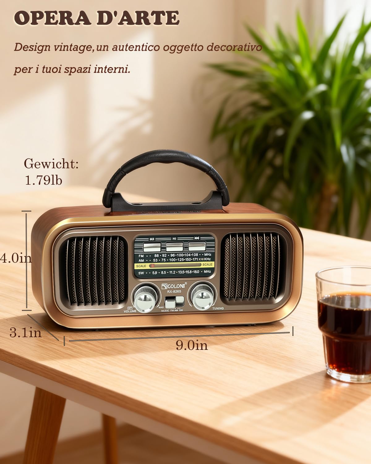 Radio Portatile Vintage FM/AM/SW Bluetooth, Ricaricabile 1200 mAh Pannello Solare, TF Card USB MP3