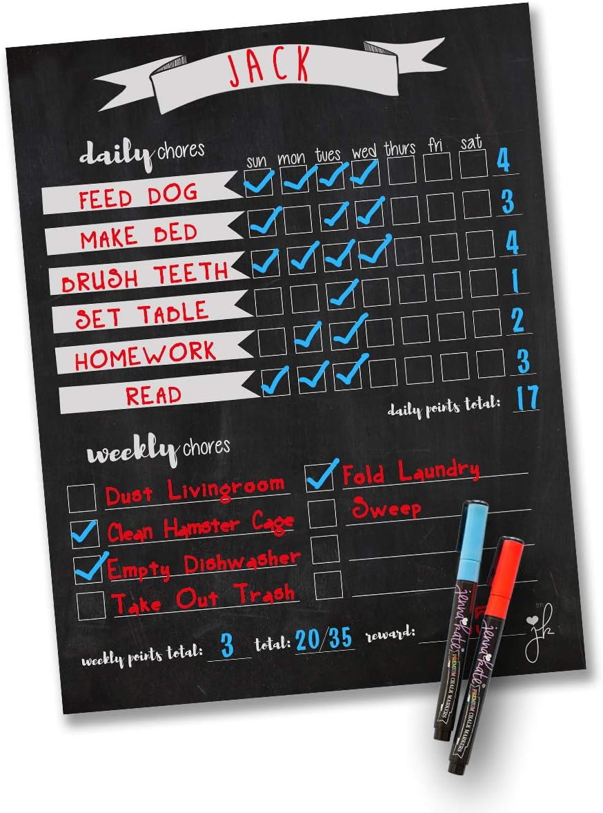 Jennakate -Chore Board Chores Routine Chart for Kids Teens & Adults -Magnetic Child Behavior Reward Checklist Chart- Dry Erase- 11"x14" -Chalkboard Design - Includes 2 Chalk Markers