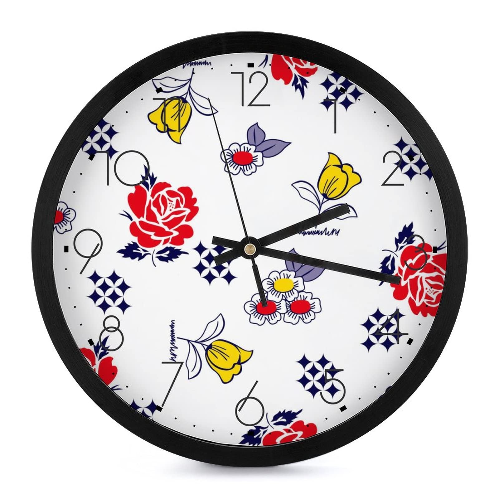 Horloge murale ronde fleurs rouges 25.4cm pour salon et cuisine