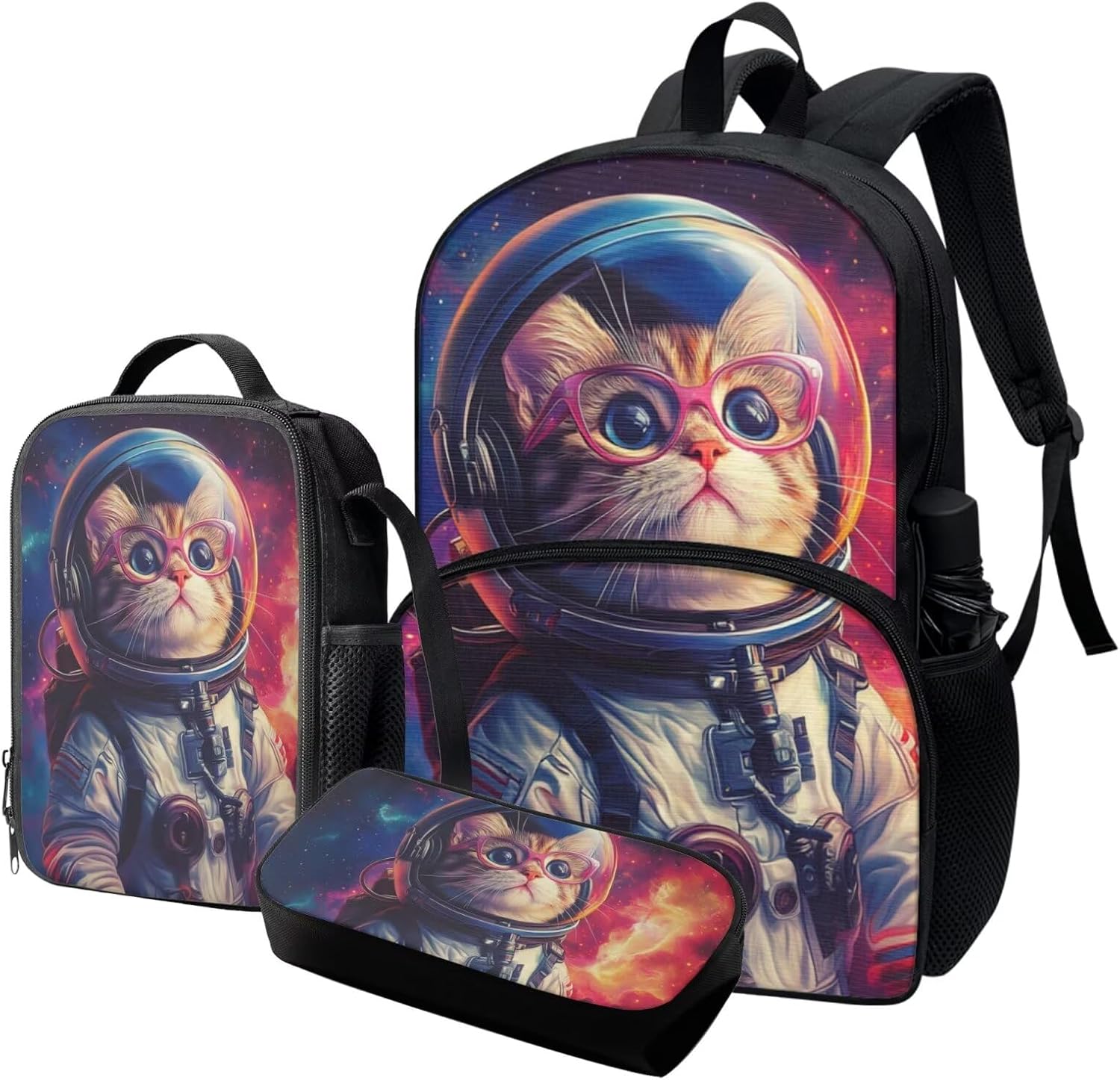 Cute Cat Astronaut Backpack for Girls 8-12 Lightweight Bookbag for Teen Girls with Lunch Box Set Adjustable Strap Back To School Back Pack for Primary Middle School Large School Bags