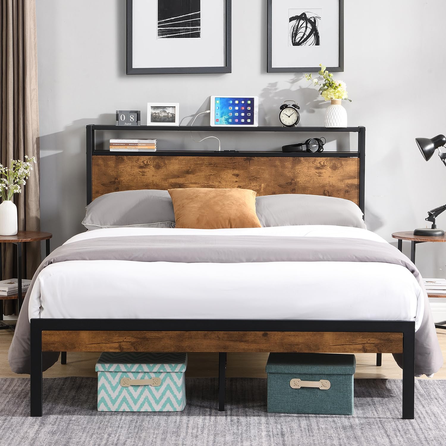 King Size Bed Frame with Storage Headboard USB Metal Platform Bed Frame Mattress Foundation with Metal Slats Support