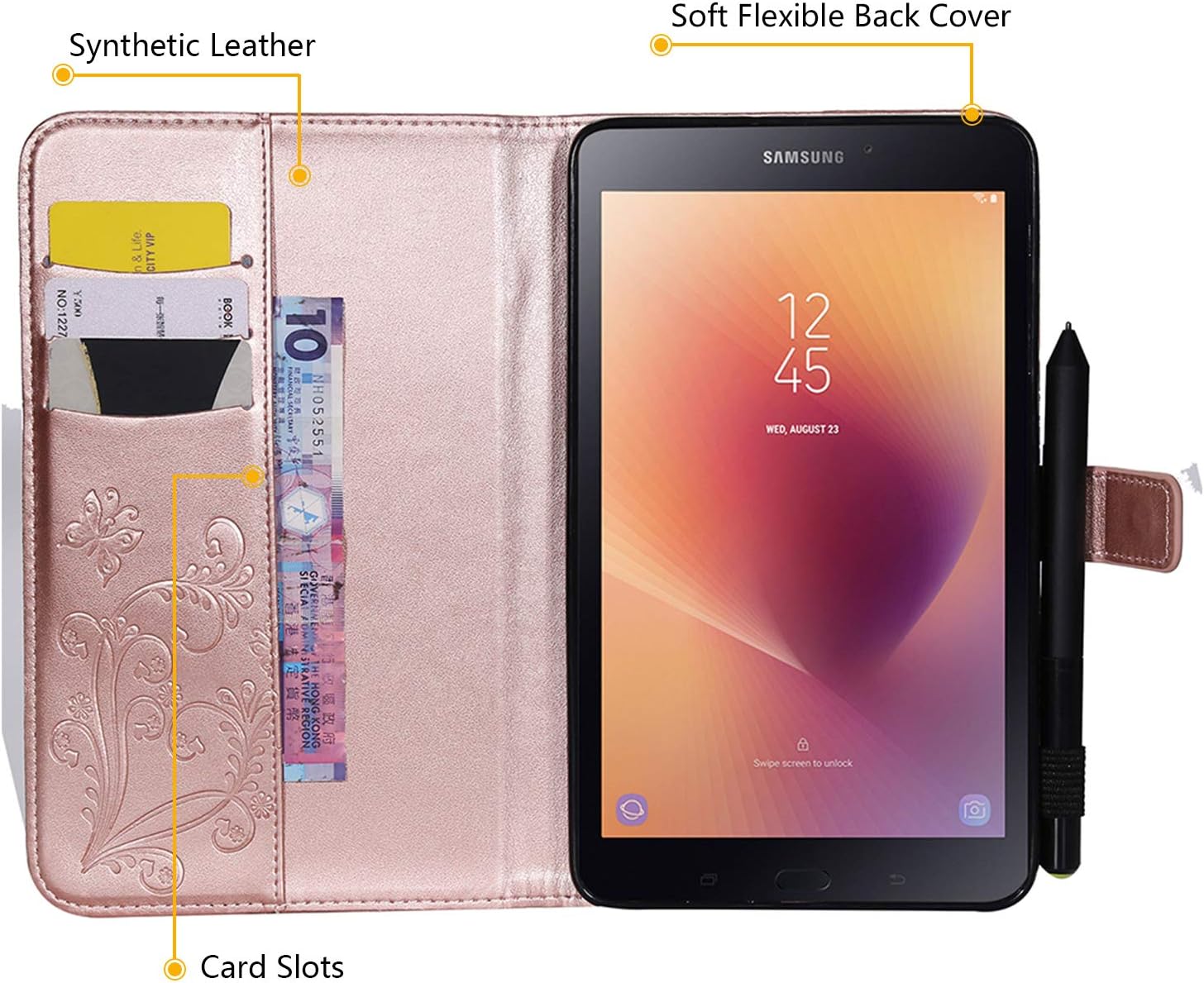 Dteck Case for (2017) Samsung Galaxy Tab A (8.0) Tablet (Model SM-T380 or SM-T385) - Fold Stand Flip Case with [Card Holders], PU Leather Protective Lightweight Cute Cover (Butterfly Rosegold)