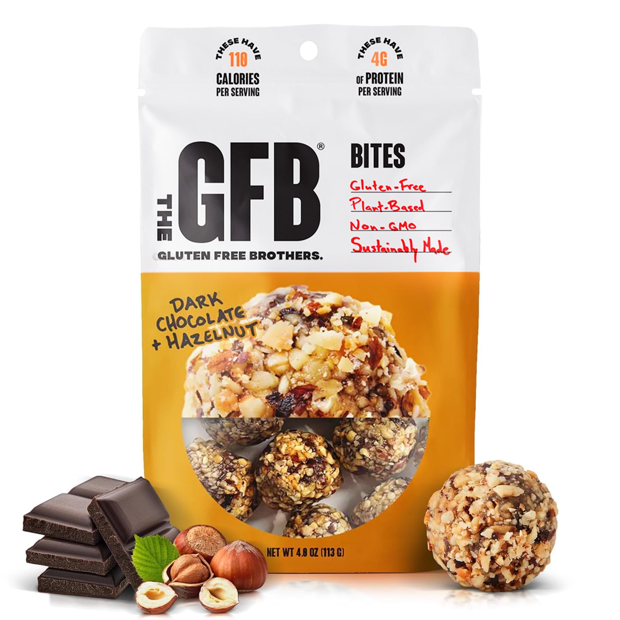 The GFB Dark Chocolate Hazelnut Protein Bites | Certified Gluten Free Snack Bites | Super Tasty Plant Based Protein Balls | Travel Ready Non-GMO, Kosher & Vegan Snacks | Resealable 4oz Bag, 1 Pack
