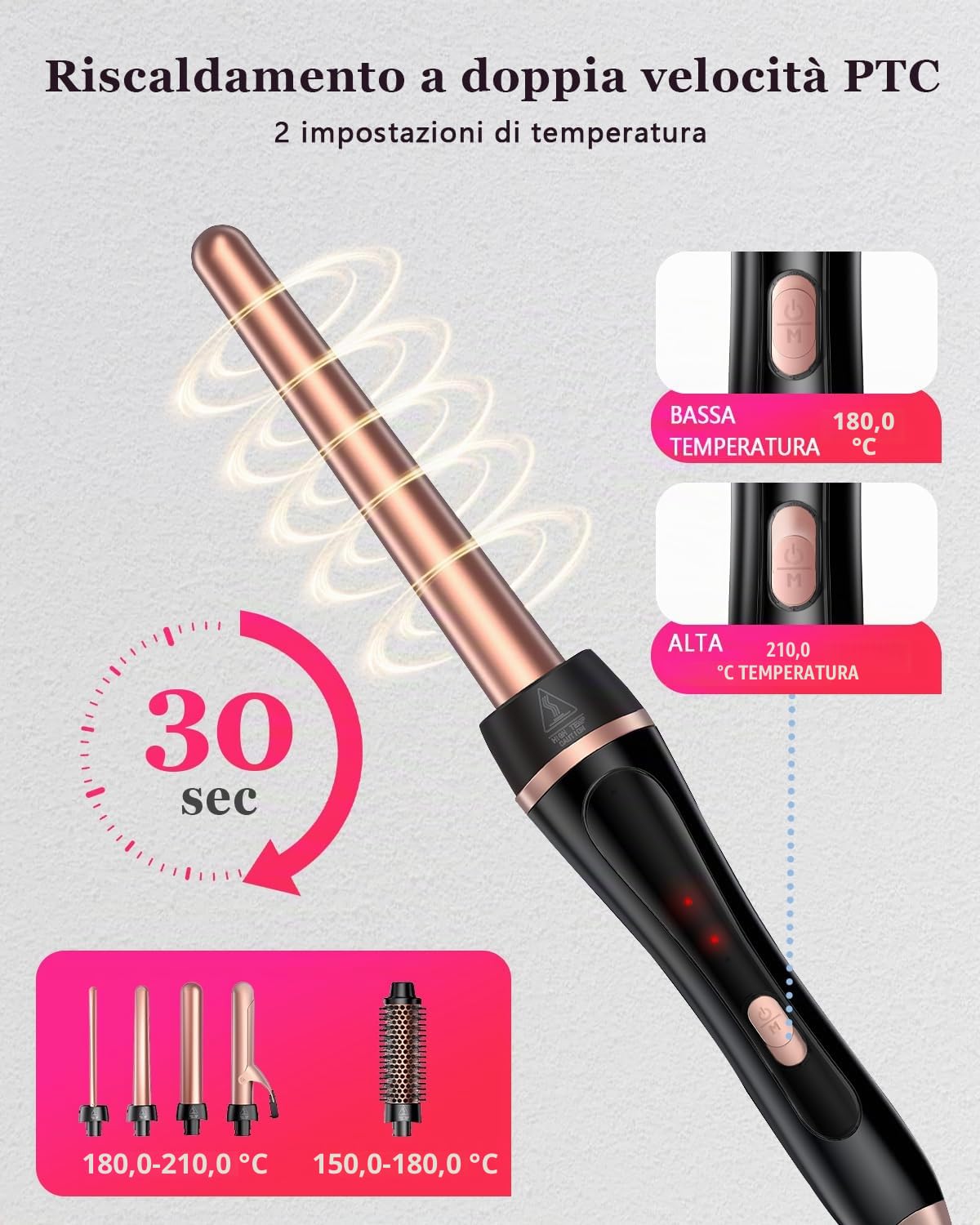 5 in 1 Ferro per Arricciare, Set Bacchetta per Capelli con Spazzola Termica e 4 Bacchette Arricciacapelli in Ceramica Intercambiabili(0.35"-1.25'')Riscaldamento Rapido Doppia Tensione Arricciacapelli