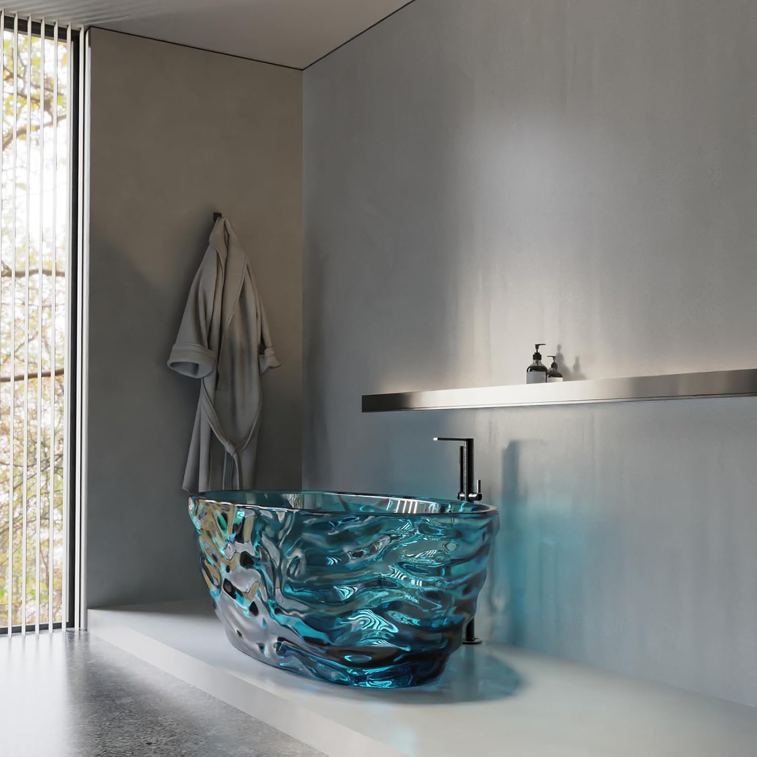 Cpingao 66" Resin Transparent Freestanding Bathtub, Contemporary Oval Stand Alone Tubs, Translucent Resin Freestanding Bath 1670 MM with Drain Lake Blue 8851-1700-BLUE