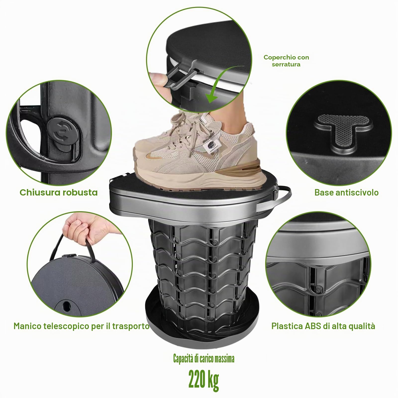 WC Portatile Adulti, 220kg Toilette Portatile Pieghevole, Gabinetto Portatile Adulti con 10 Sacchetti per WC Campeggio, Water Portatile Adulti per Campeggio, Escursionismo, Pesca, Viaggio