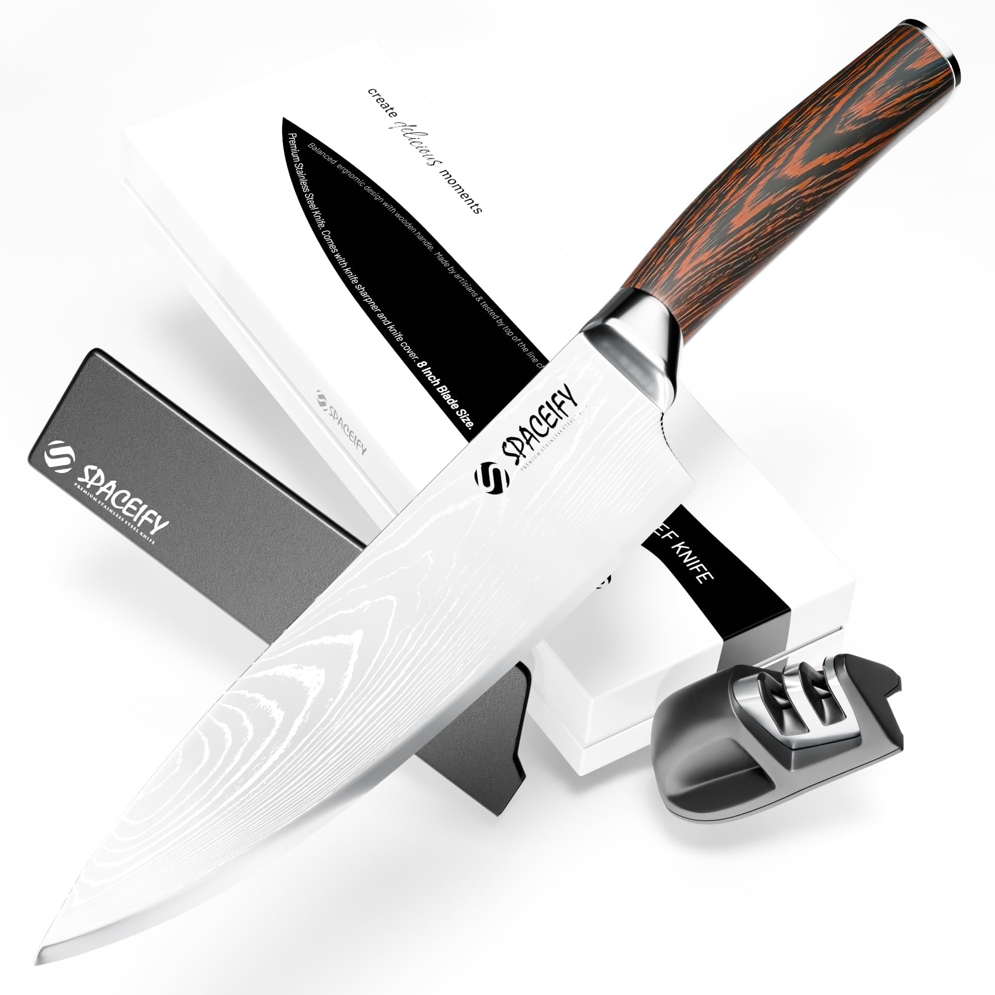 8" Chef Knife - Rustproof Food-Grade German Stainless Steel Blade - Anti-Tarnish Chrome Finish, Ergonomic 5" Pakkawood Handle - Kitchen Knife with Sharpener, Sheath, Gift Box
