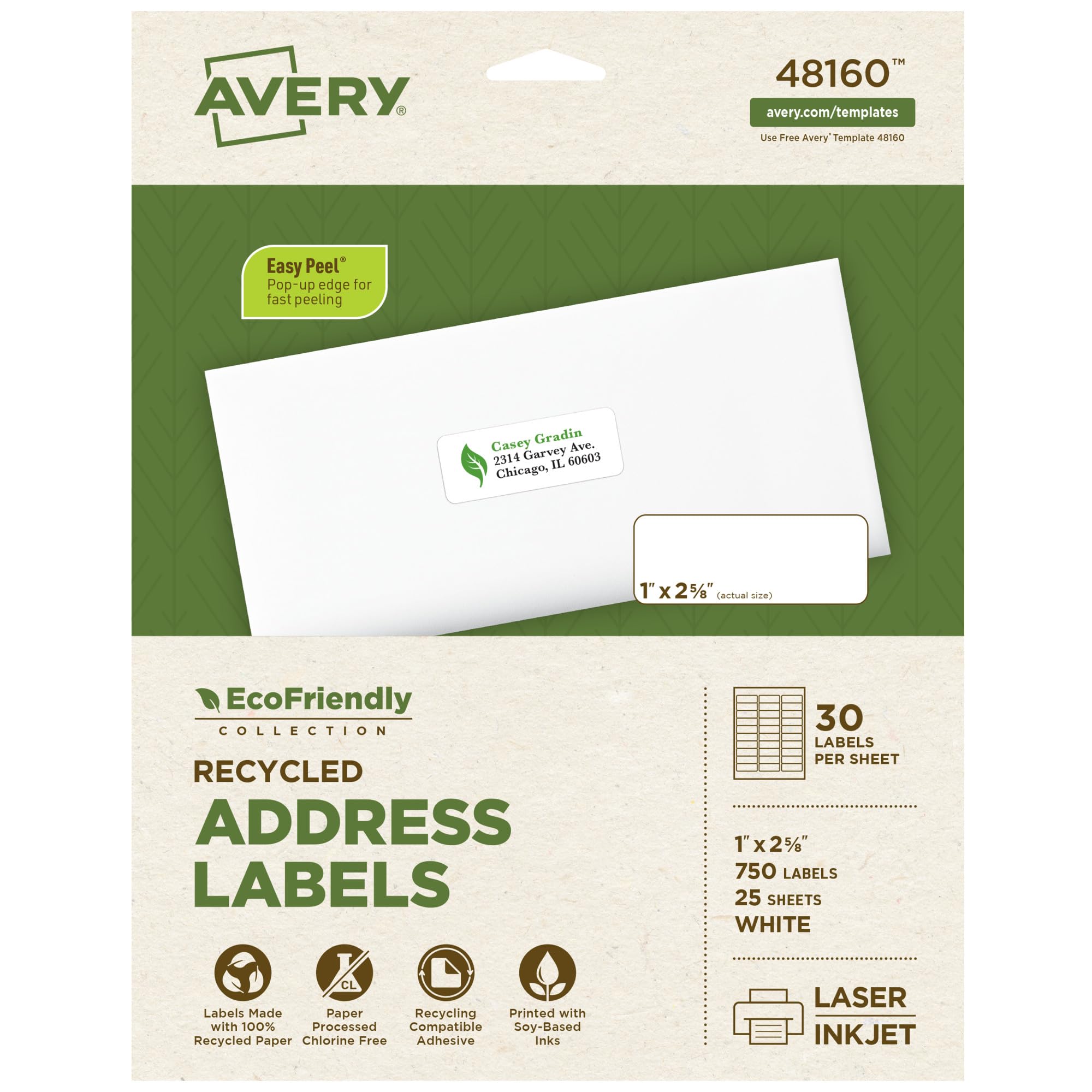 Avery® EcoFriendly Recycled Address Labels, 1" x 2-5/8", White, Permanent Label Adhesive, 750 Printable Labels (48160)