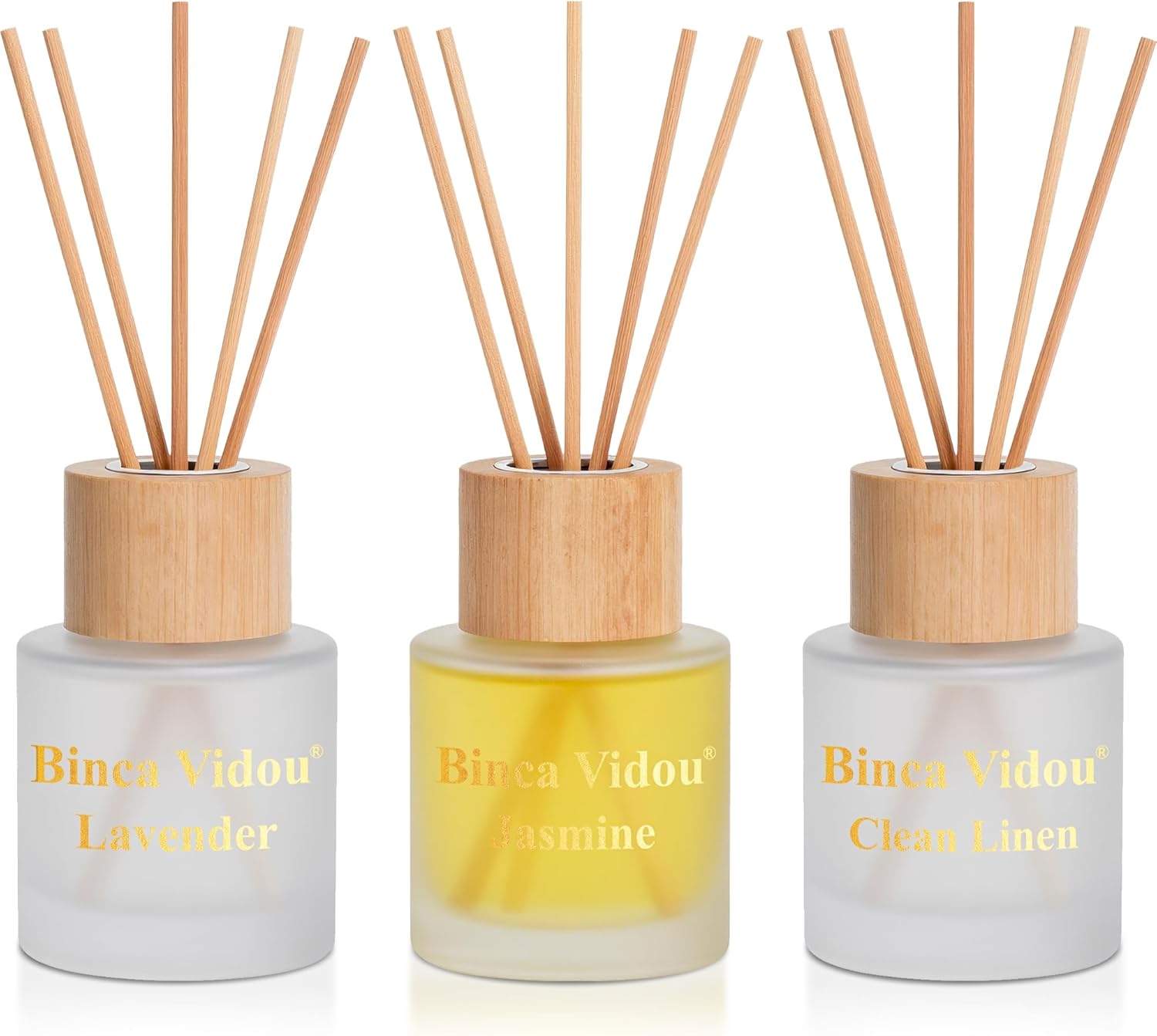 Reed Diffuser Set of 3, Binca Vidou Lavender, Linen & Jasmine Natural Scent Oil Diffusers with Sticks for Home Office Bathroom Aromatherapy Decor 1.69oz x 3