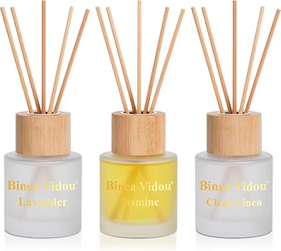 Reed Diffuser Set of 3, Binca Vidou Natural Scent Oil Diffusers with Sticks for Home Office Bathroom Aromatherapy Decor 1.69oz x 3Lavender, Linen & Jasmine