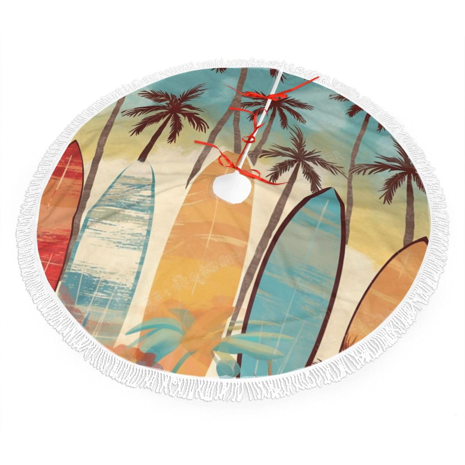 Surfboard Palm Tree Christmas Tree Skirt 48", Soft Plush Xmas Tree Carpet with Tassel Christmas Ornaments Winter Holiday Tree Mat Decoration for Home Party Supplies