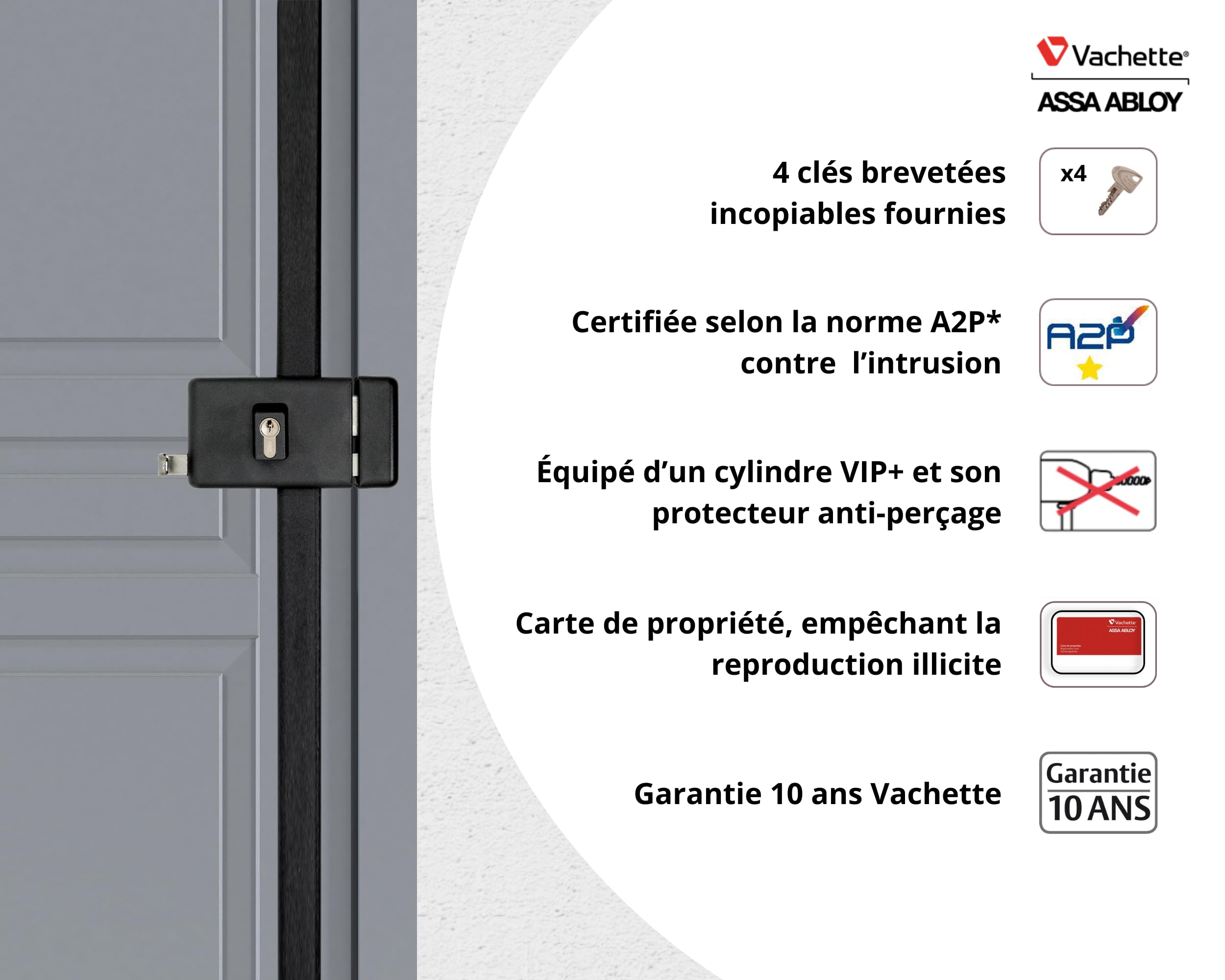 Vachette Poziomy zamek wielopunktowy z serii 8800 MULTIBLINDE, prosty ciągnięcie, certyfikat A2P*, wysokie bezpieczeństwo, 3 punkty zamykania, 4 opatentowane klucze VIP+, szary