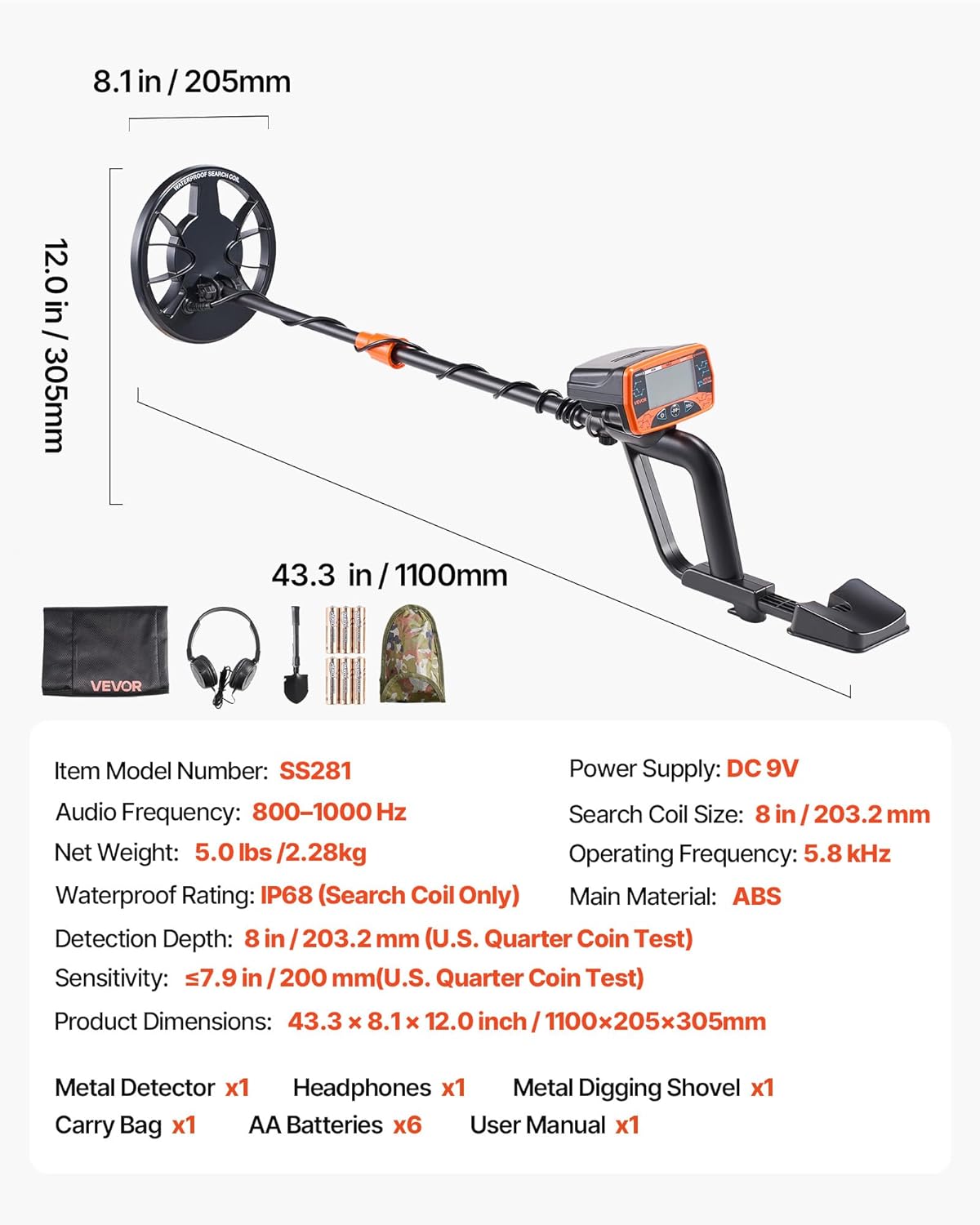 VEVOR Metal Detector for Adults, 8", Professional High Accuracy Gold Detector, IP68 Waterproof Search Coil with Display, Headphones, 3 Modes, Adjustable Length, for Detecting Gold Treasure Hunting