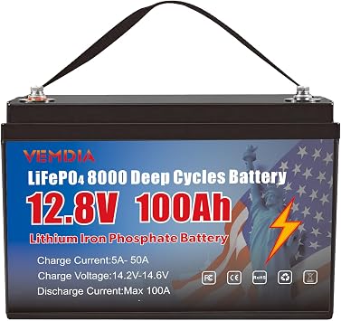LiFePO4 12.8V 100Ah Lithium Iron Phosphate Battery Built-in BMS 8000+ Deep Cycles for RV Solar Marine Off-Grid Applications Trolling Motors Fish Finders