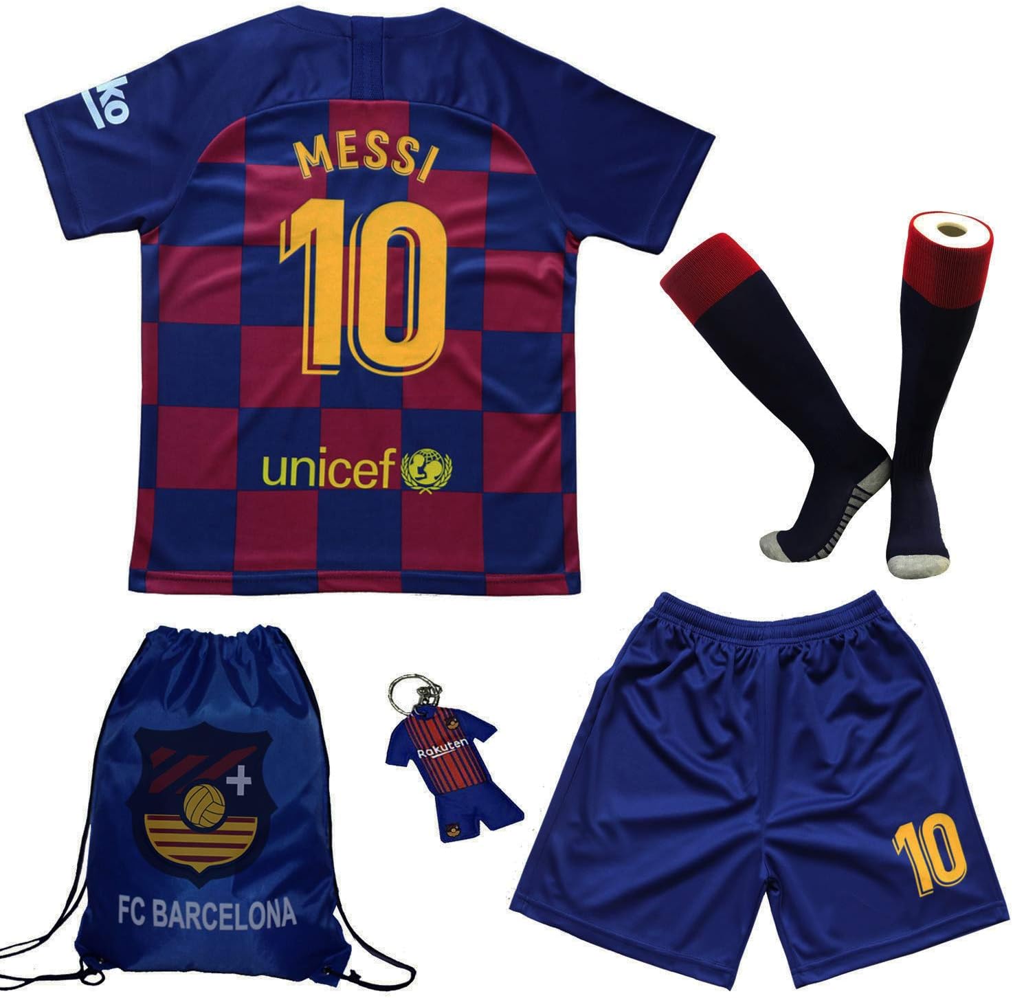 BIRDBOX Youth Sportswear Barcelona Leo Messi 10 Kids Home Soccer Jersey/Shorts Bag Keychain Football Socks Set (Home (New), 10-11 Years)