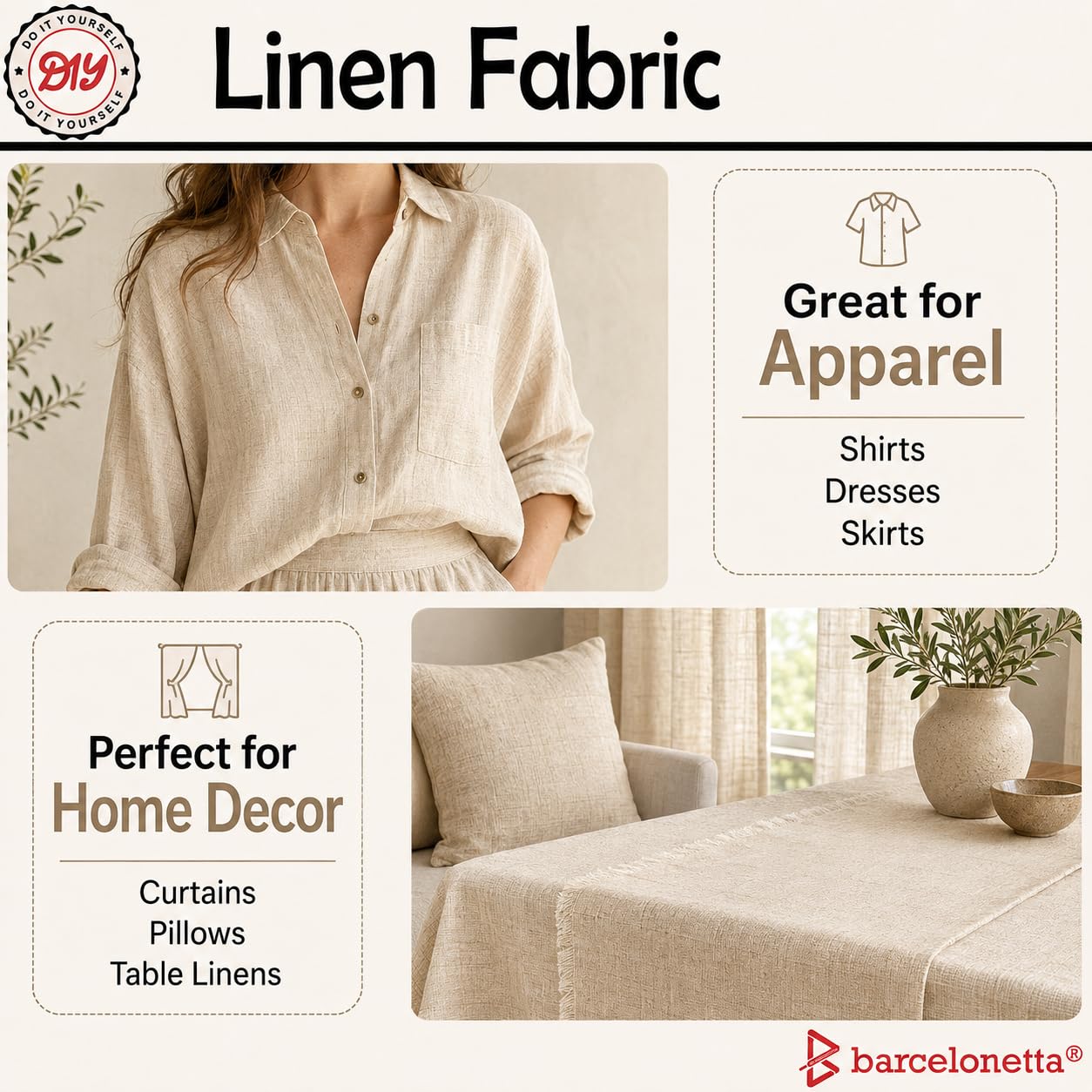 linen material for dresses Barcelonetta | Fabric | Natural Linen Cloth | Embroidery, Sewing | Soft, Breathable | 55