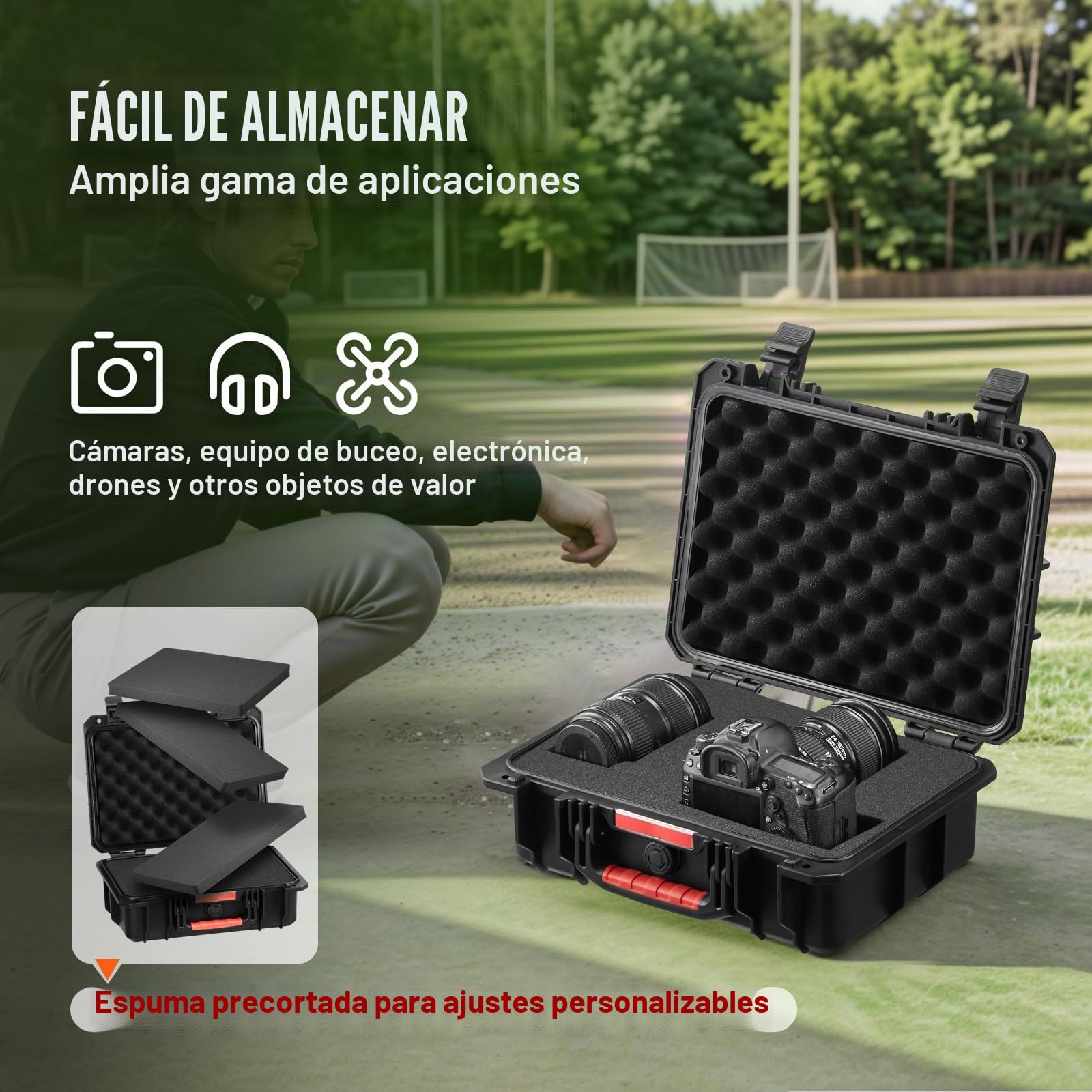 VEVOR Estuche Rígido Resistente a la Intemperie de 380 x 300 x 140 mm, Estuche Protector Resistente con Espuma Precortada y Asas Retráctiles para Viajes, Caza, Uso Militar, Táctico, IP67, Negro