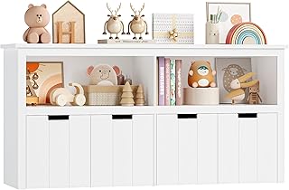 FOREHILL Kids Toy Storage Unit, Children Storage Cabinet with 4 Drawers on Wheels, Children\'s Bookcase, Toy Organiser White, 2 Open Shelves 120x61.5x33cm