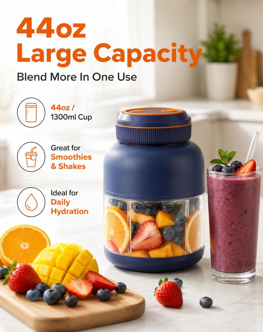 Portable Blender 44oz, Wireless Juicer Cup for Shakes and Smoothies, Personal Size Blender with Dual Lid & Leakproof Handle, Compact Travel Drinking Cup for Gym, Office, Kitchen, Outdoor (Blue 27oz) thumbnail