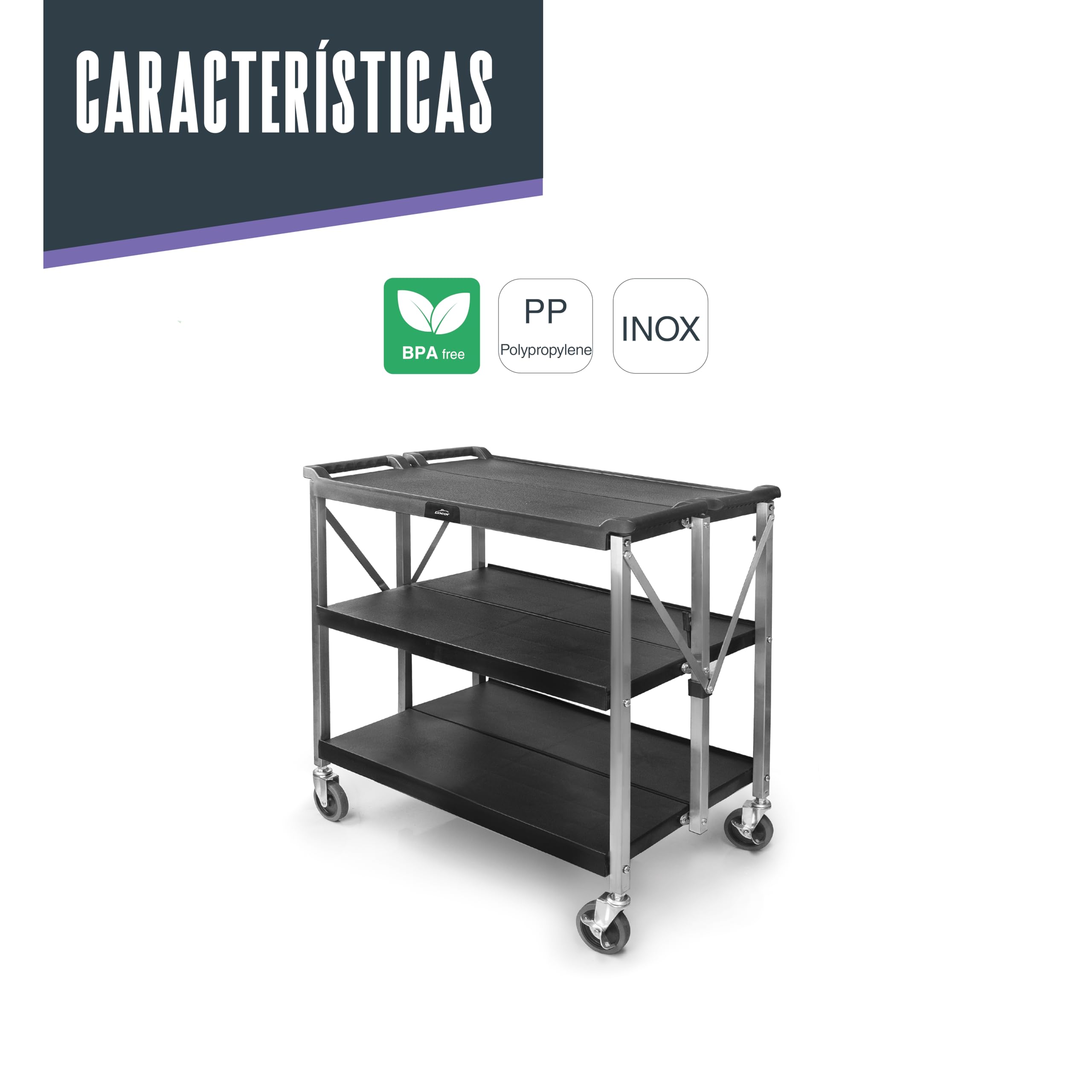 LACOR 66241 - Carro de Servicio Plegable, 3 bandejas, 30 kg/Bandeja | En acero inoxidable, para un uso práctico y profesional en cocina; ideal para cocina profesional y uso diario en casa