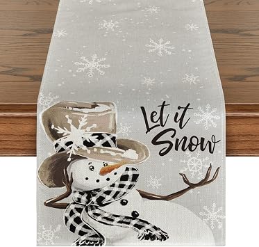 Artoid Mode Grey Snowman Snowflake Let it Snow Christmas Table Runner, Seasonal Winter Kitchen Dining Table Decor for Home Party Indoor 13x72 Inch