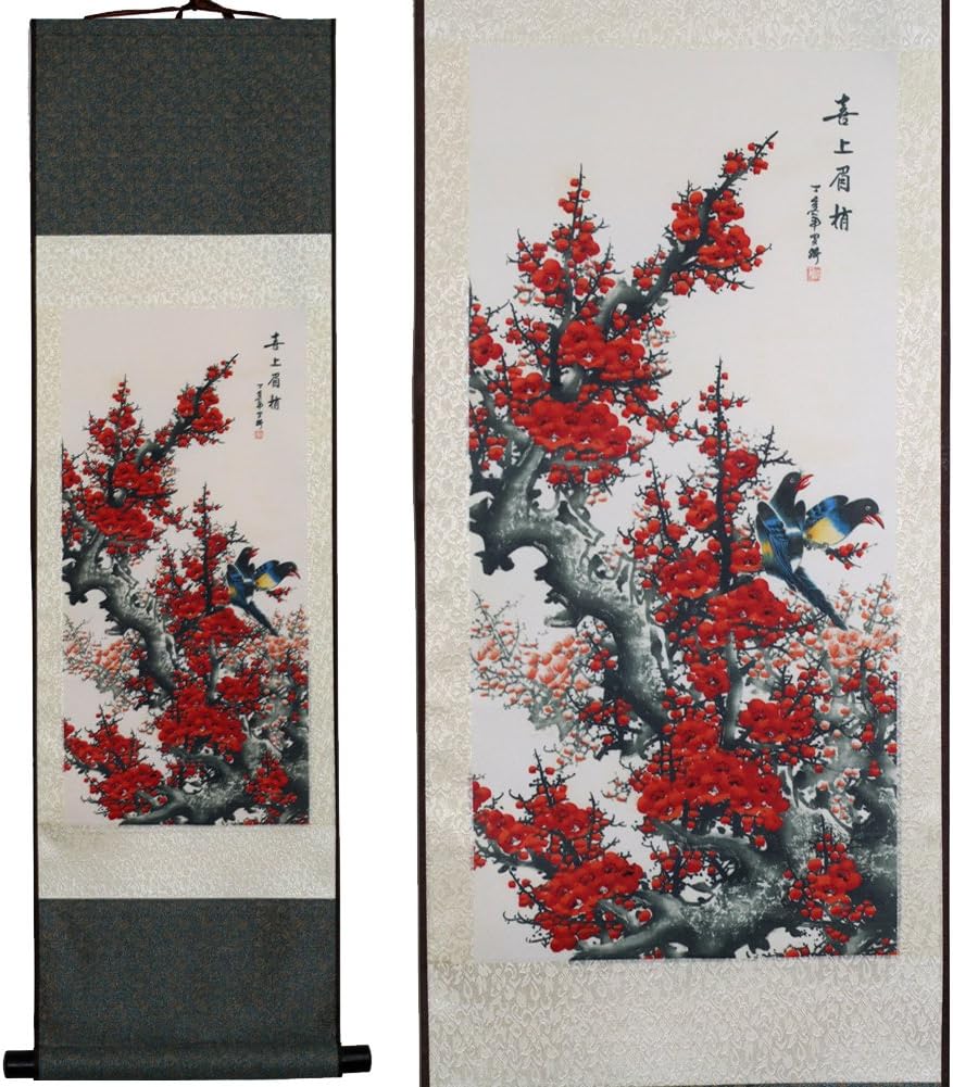 sweethome Asian Silk Scroll & Picture Scroll & Wall Scroll Calligraphy Hanging Artwork (Winter Plum Blossoms)