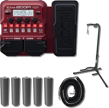 Zoom B1X FOUR Bass Multi-Effects Pedal Bundle with On-Stage XCG-4 Tripod Stand and Calrad 15-Foot Coiled Cable Expression Pedal Practice Rig for Bedroom Bass, Songwriting, Recording, Travel