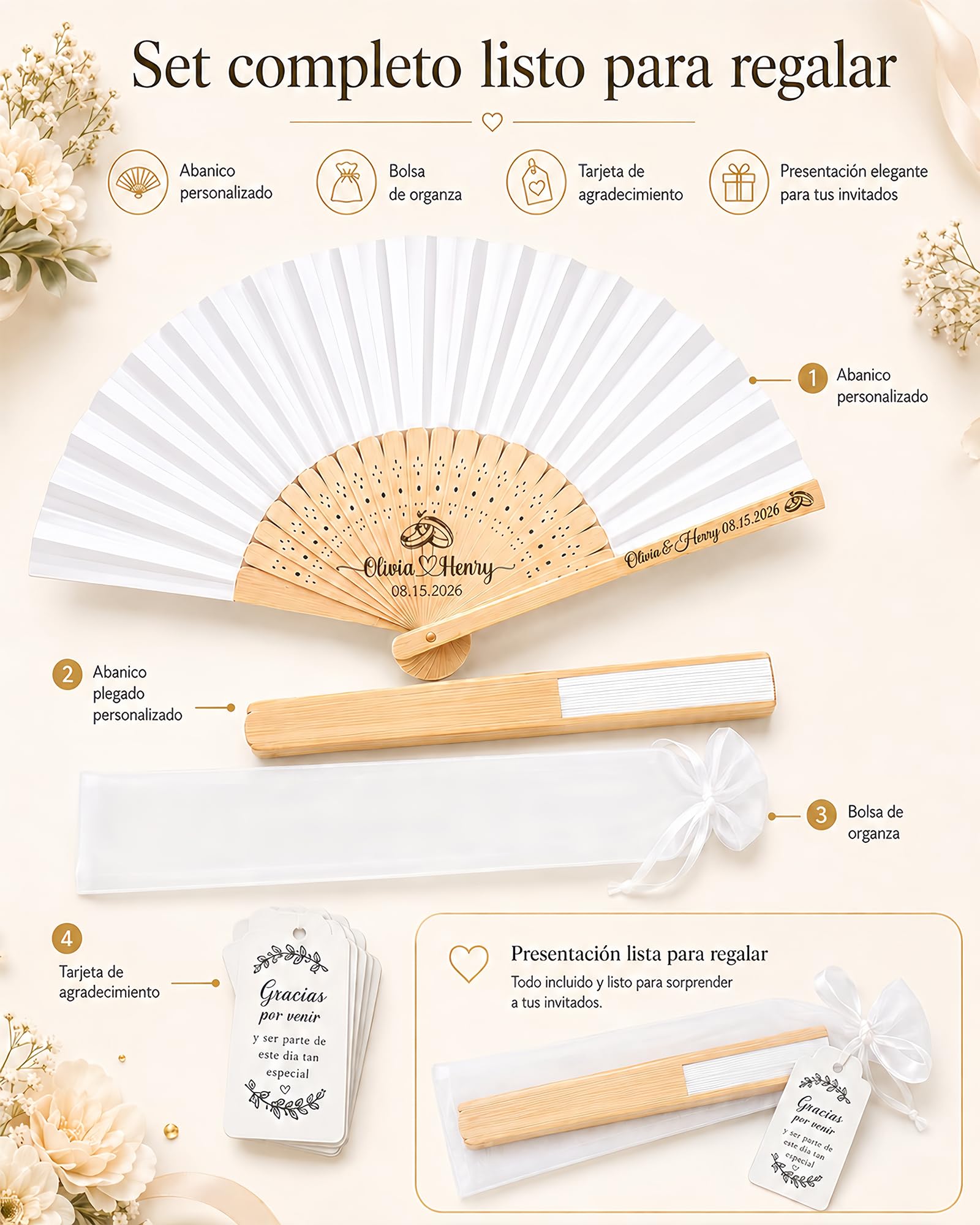Abanicos Personalizados de Madera para Bodas – Abanico Boda Personalizado con Texto/Diseño Grabado/Bolsa de Organza y Borla, Detalles Boda para Invitados, Eventos y Decoración (50Pcs)