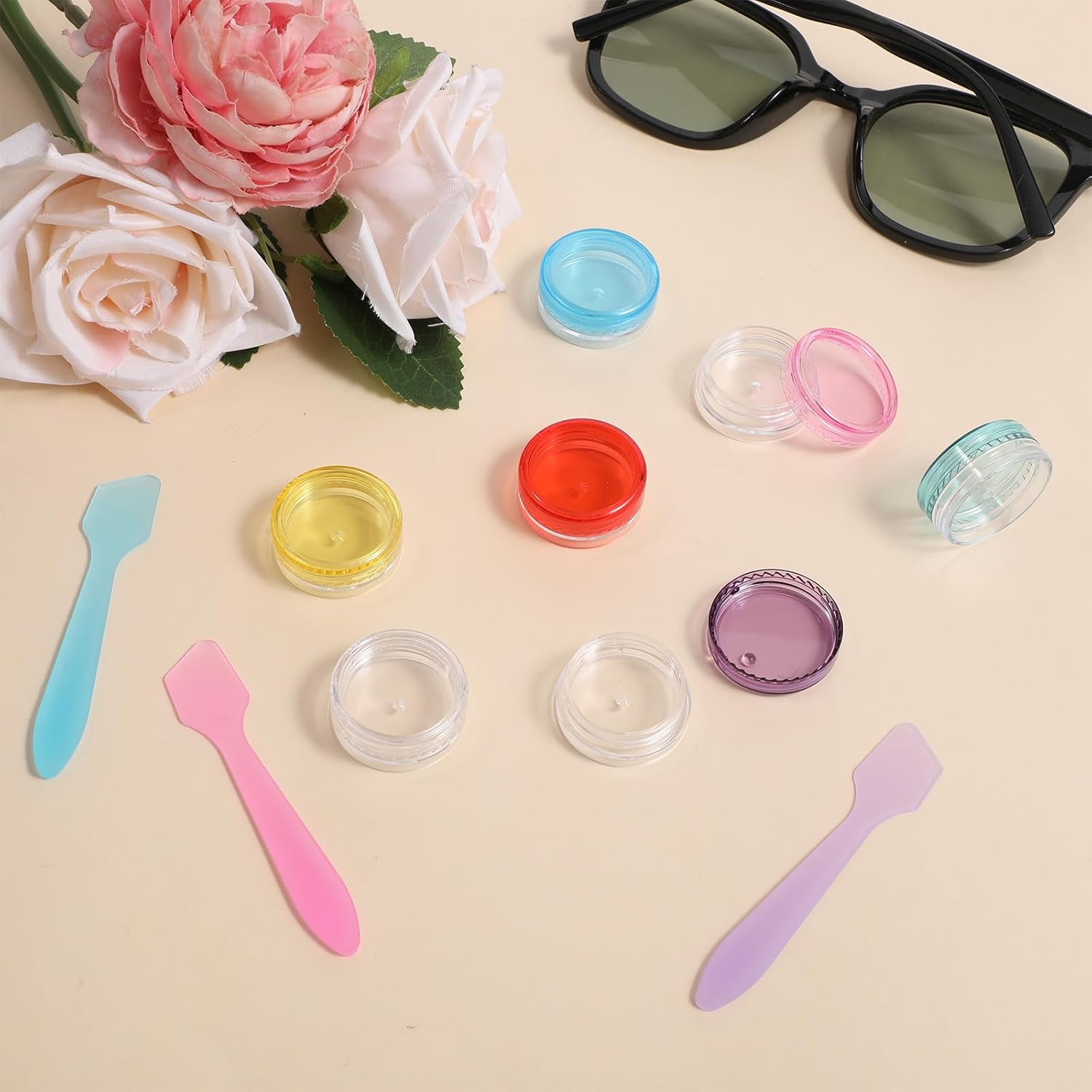 14 Pcs Travel Containers for Creams 2g Size Travel Cosmetic Jars with Lids Refillable Mini Sample Containers with 5 Pcs Mini Cosmetic Spatulas Clear Plastic Jars for Creams Lotions Eye shadow Makeup