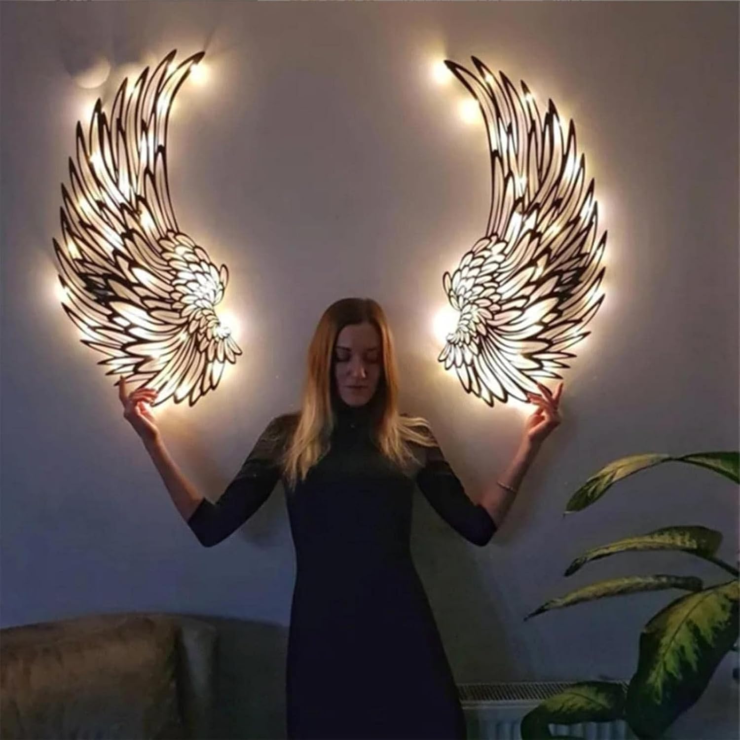 Skrzydła anioła, metalowa dekoracja ścienna, ze światłami LED, do wewnątrz, na zewnątrz, wiszące dekoracje, 35 cm