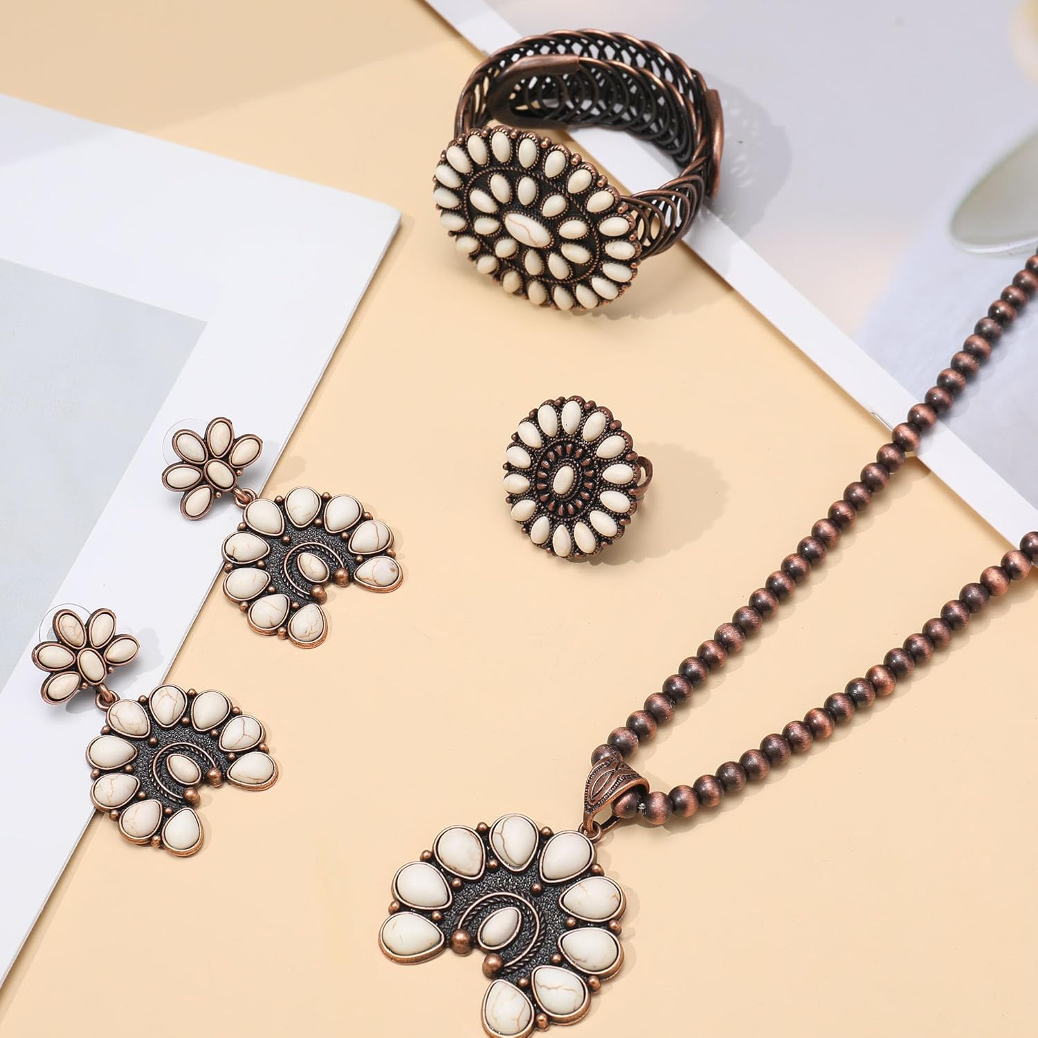 4 PCS Western Turquoise Jewelry for Women Boho Vintage Navajo Pearl Necklace Earring Bracelet Ring Set Country Cowgirl Accessories for Gift - Image 3