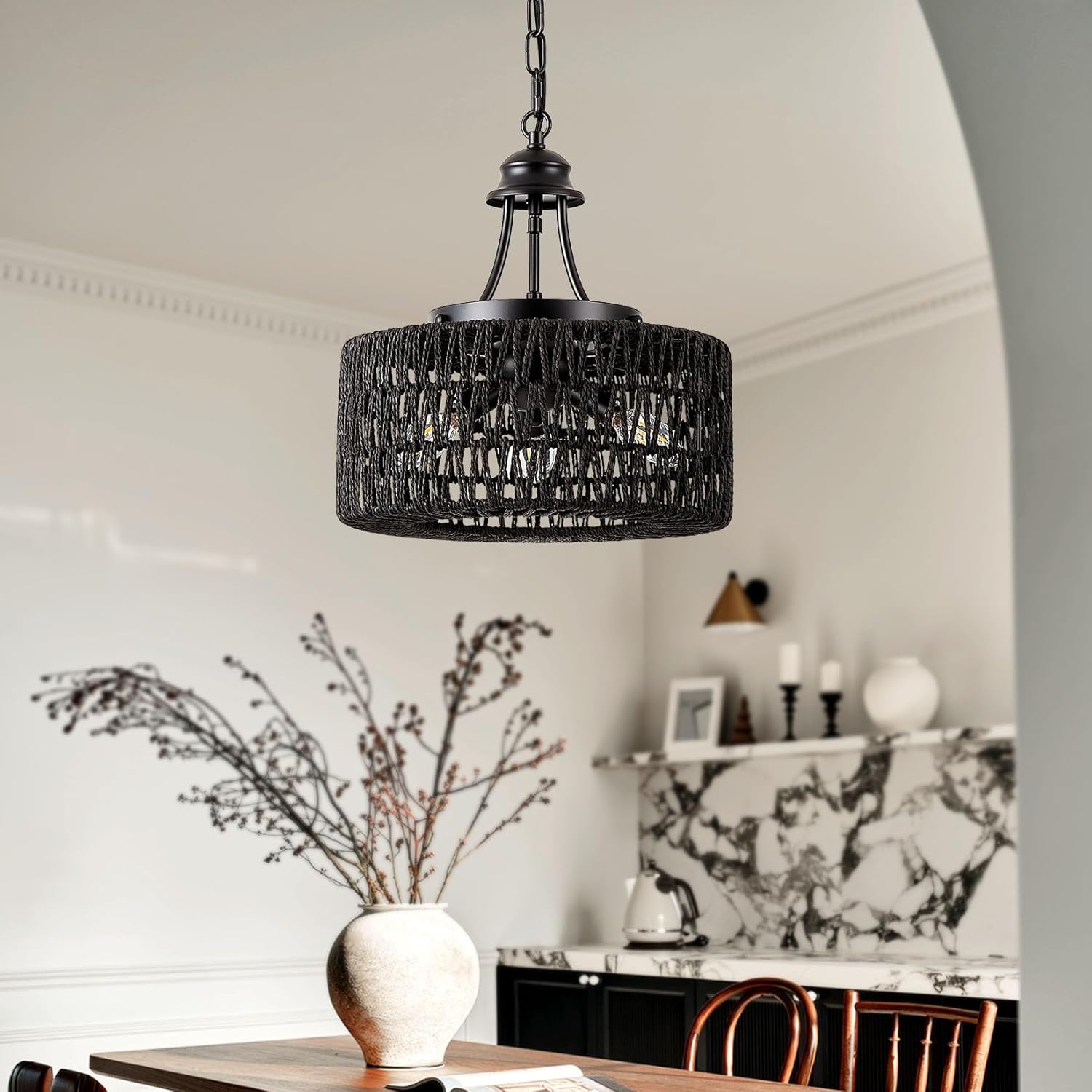 12.6" Woven Farmhouse Chandeliers for Dining Room, 3-Light Boho Chandelier Light Fixture with Wicker Lampshade,Rattan Pendant Light fixtures Ceiling Flush Mount for Hallway Kitchen Bedroom