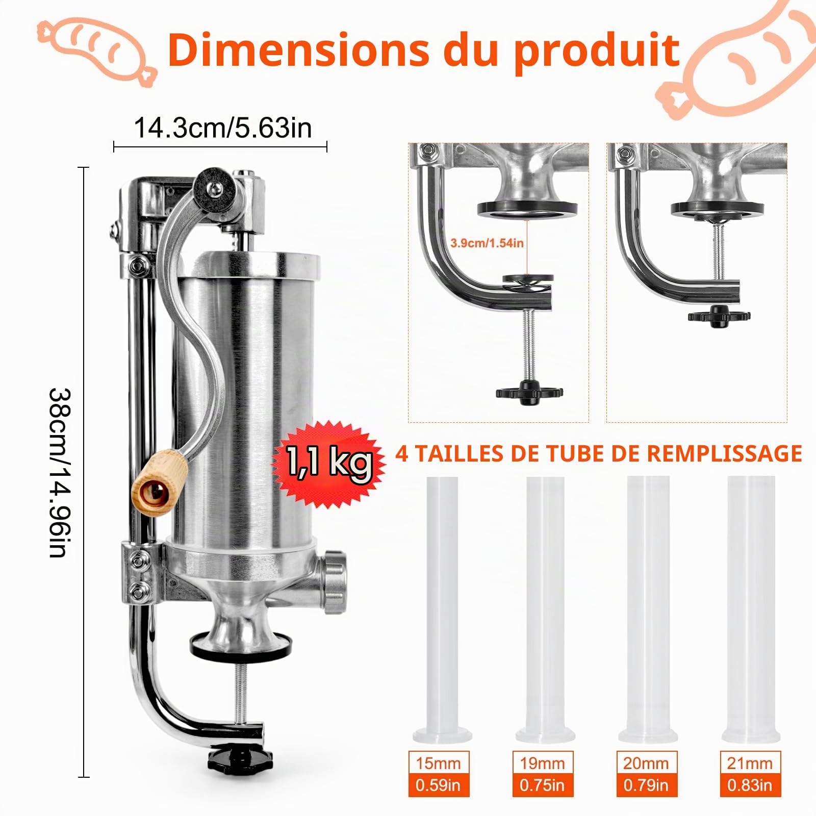 Joyeee 2.5 LB Poussoir à saucisses Manuel, Verticale Machine à Saucisse en INOX avec Manivelle Aanuelle & Pince de Table, 4 Tubes de Remplissage, Poussoir à Viande pour Usage Commercial et Domicile