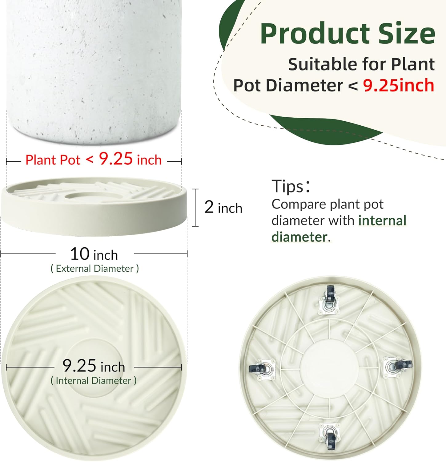 REDHUGO 2PCS Round Plant Caddy with Hidden Wheels, Heavy Duty Rolling Plant Stand Caddy with Wheels, Pot Base for Indoor Outdoor, Beige, 10 inches