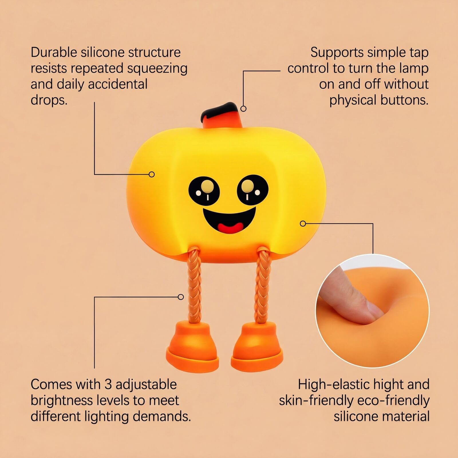 Lámpara de noche de calabaza de Halloween con ojos de estrella, decoración linda y divertida, luz cálida para compañero nocturno, control táctil, silicona, juego de presión, soporte para teléfono