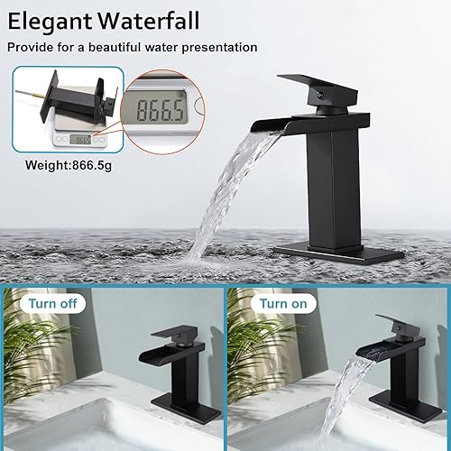Miniatura 4 de Midanya Grifo de baño de cascada negro mate, 1 agujero, grifo de lavabo de una sola manija, boquilla ancha con drenaje desplegable y placa de