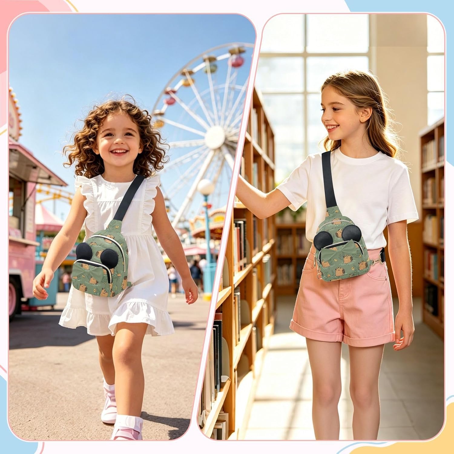 Sinestour Capybara Kids Crossbody Bags for Girls, 3.1x5.7x7.5 Inches | Crossbody Fanny Pack, Toddler Purse, Cute Sling Belt Bag with Ears, 2L Small Shoulder Chest Bag for Travel