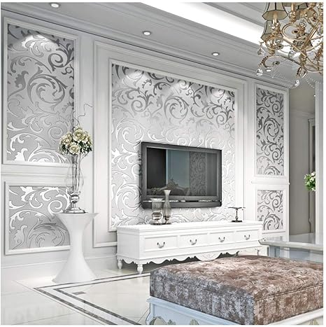 Amazon 3d Damsk 壁紙 モダン 不織布 シルバー 花柄 壁紙 ホームインテリア 壁紙 リビングルーム ベッドルーム 屋内 テレビの背景 壁紙