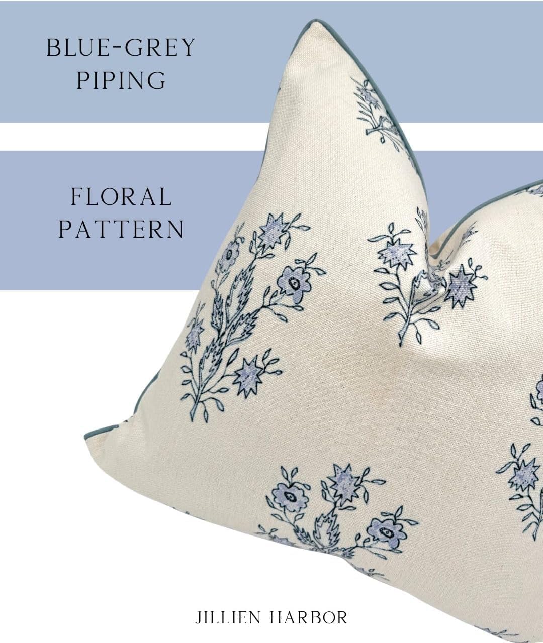 “The Mary” Periwinkle Floral Block Print Pillow Cover – Blue and White Decorative Throw Pillow Cover – Grandmillennial Home Decor, 24" x 24"