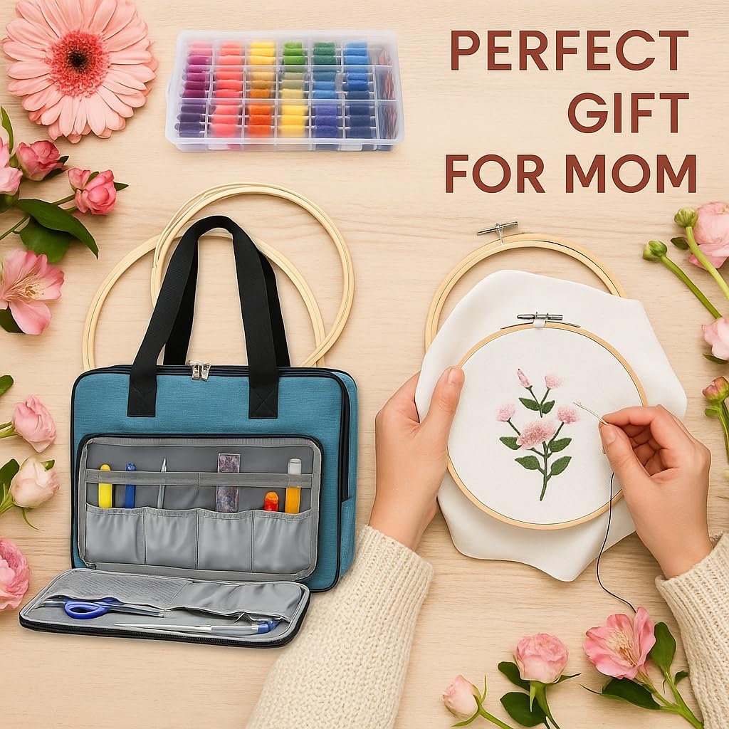 ATTERET Full Range Embroidery and Cross Stitch Starter Kit with Premium Storage Organizer Bag, Includes 99 DMC Coded Cotton Threads, 9 Metallic Floss, 3 Hoops, Needles, Scissors + More (Turquoise)