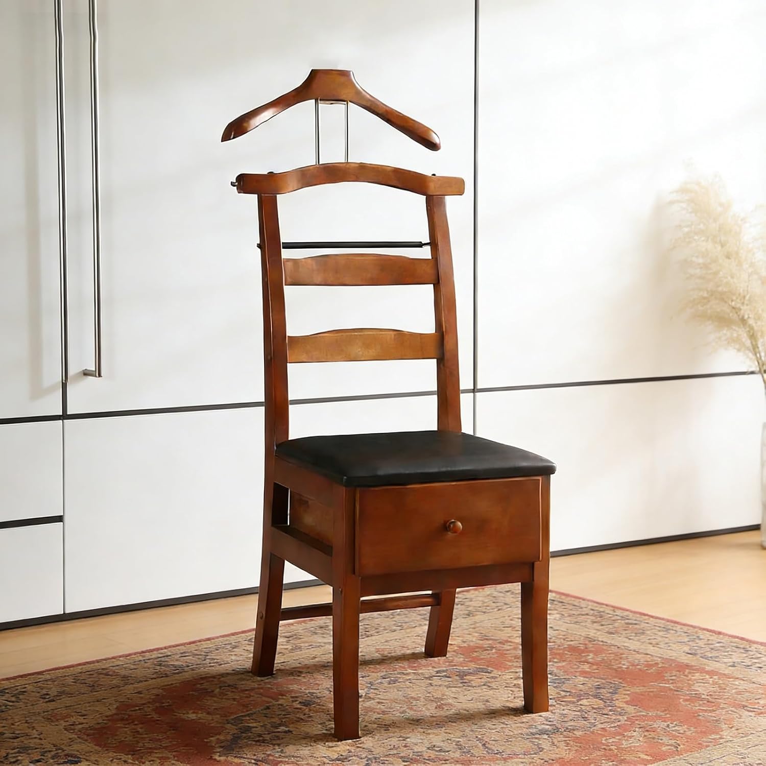 Chair Valet With Drawer,Wooden Suit Valet Stand With Contour Hanger,Trouser Bar and Tie & Belt Bar, 18" W x 23" D x 44" H,Natural wood color